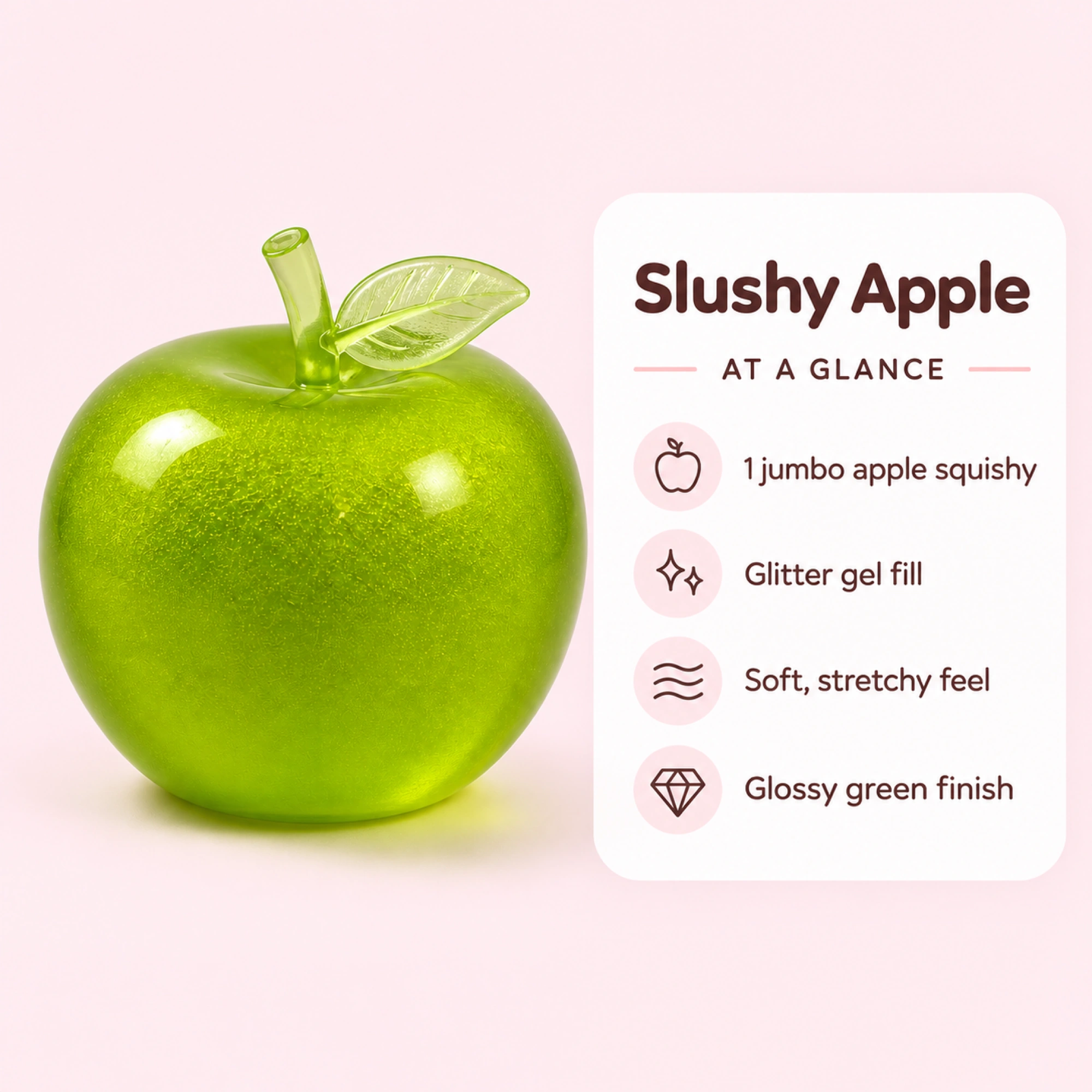 Slushy Apple Squishy – Jumbo Glitter-Gel Zero Bounce-Back Stress Toy — spec