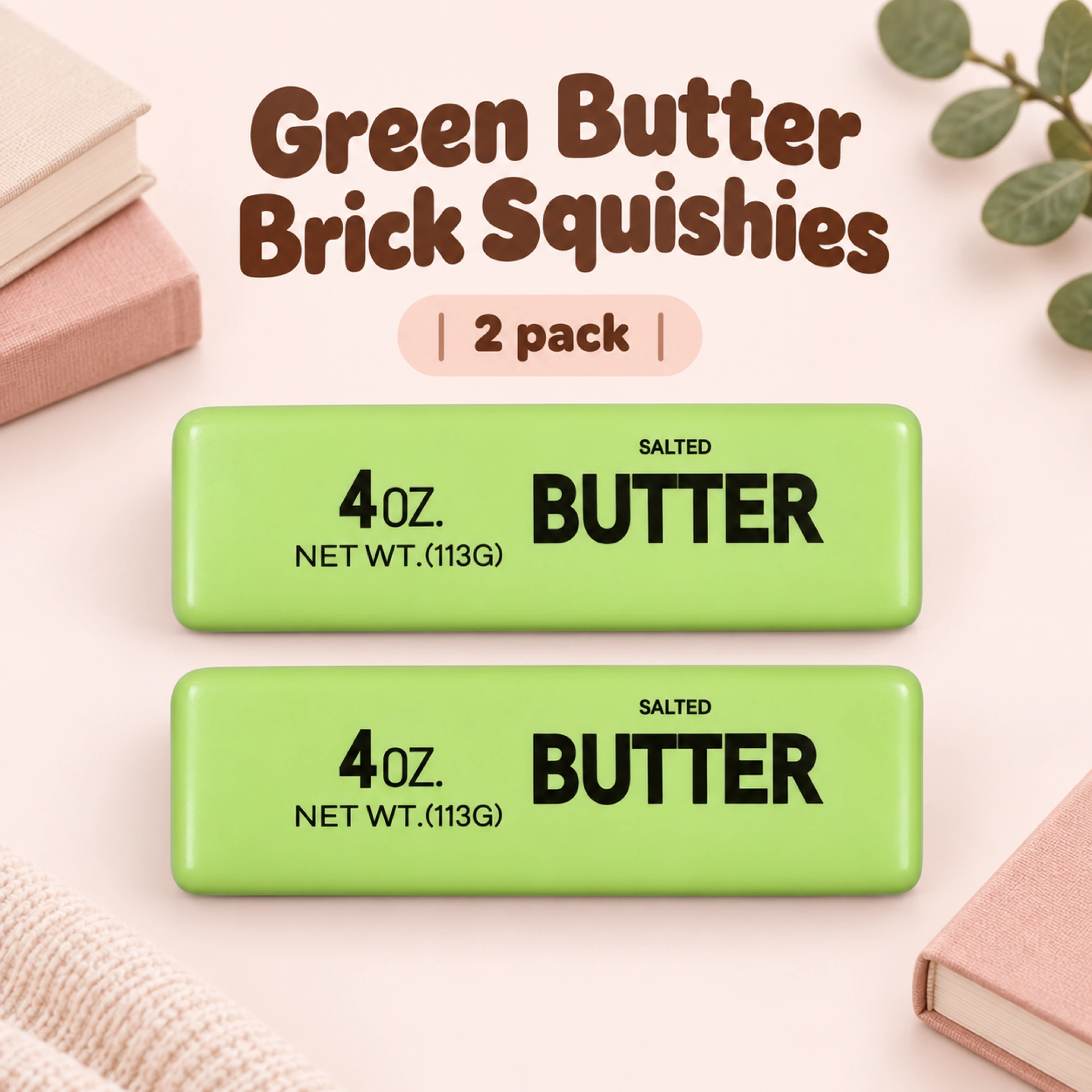 Green Butter Brick Squishy, 2 Pack - Soft Stretchy Fidget Toy — pack