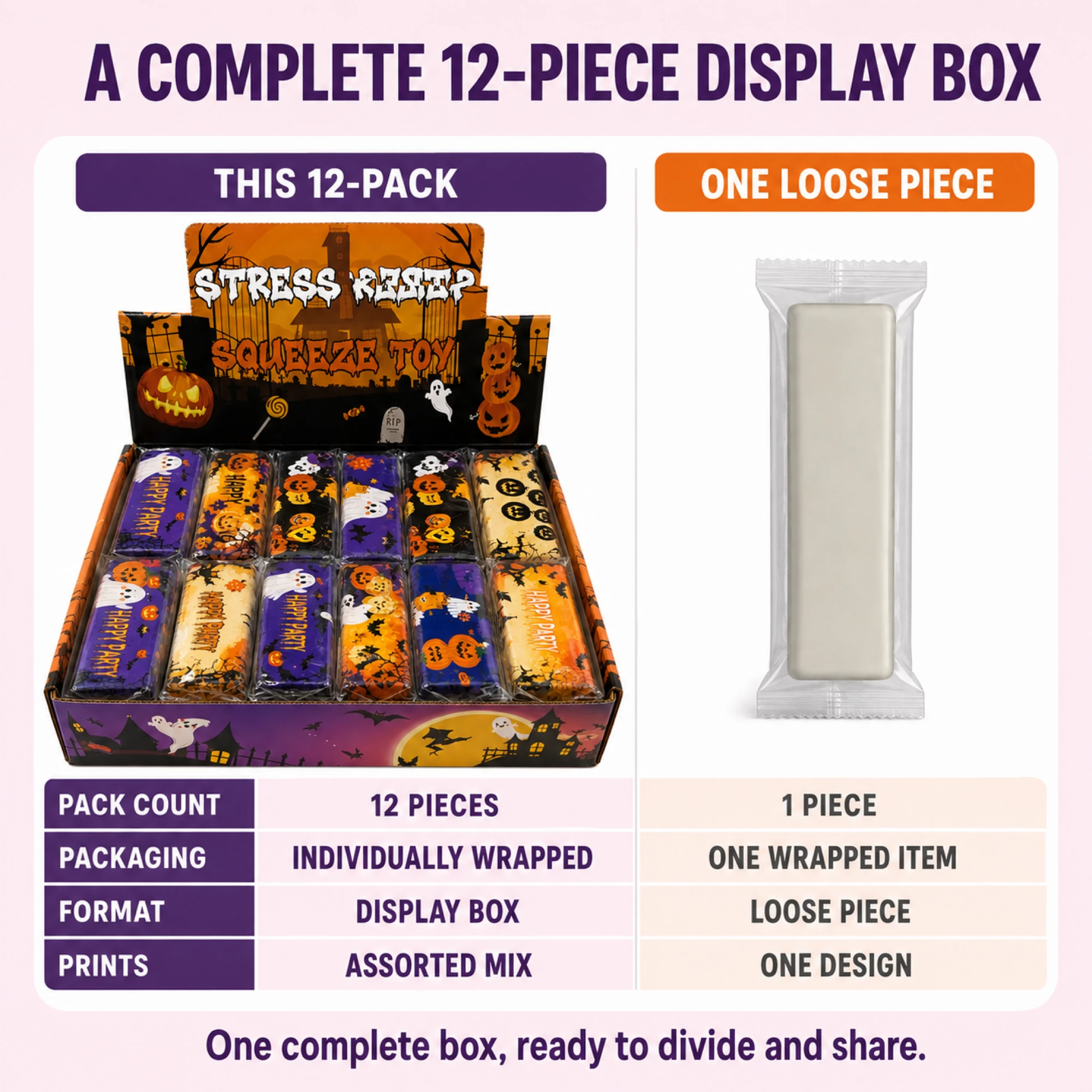 Halloween butter squishy 12-pack — full display box compared with one loose piece