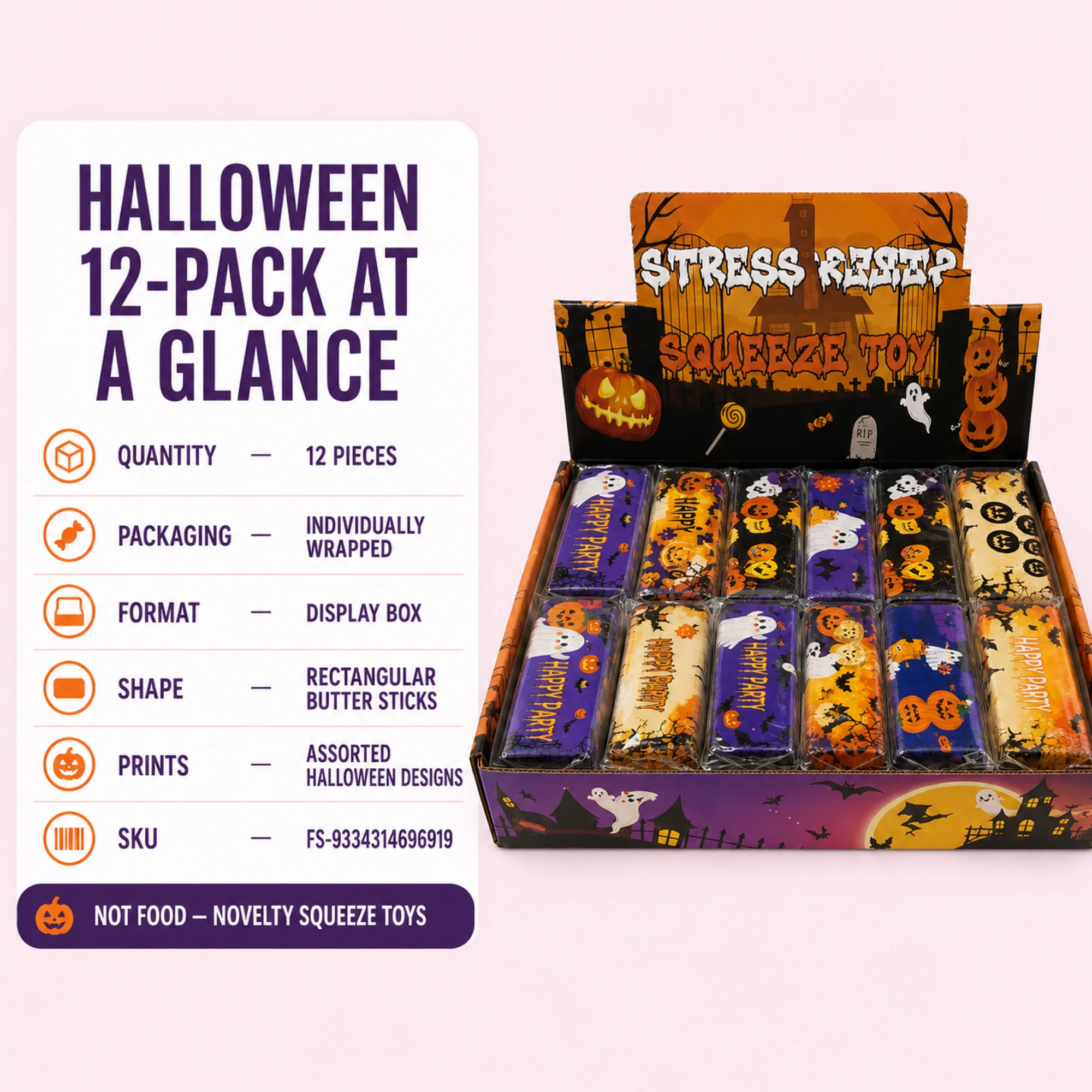 Halloween butter squishy 12-pack — quantity, packaging, format, and SKU specifications