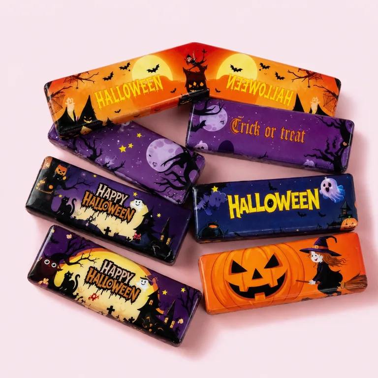 Assorted Halloween butter squishies with jack-o'-lantern, ghost, and trick-or-treat wrapper designs