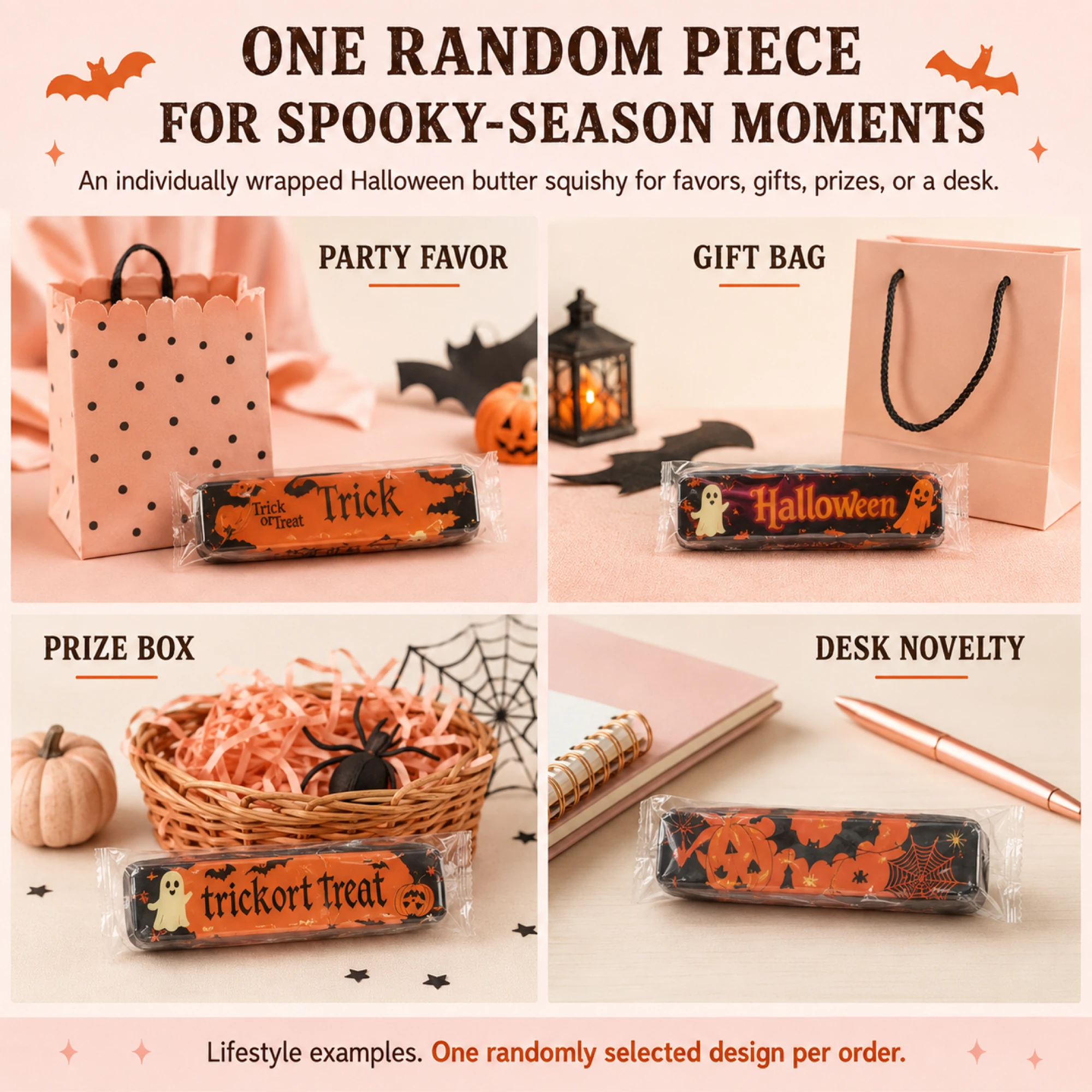 Halloween butter squishy — party favor, gift bag, prize, and desk scenes