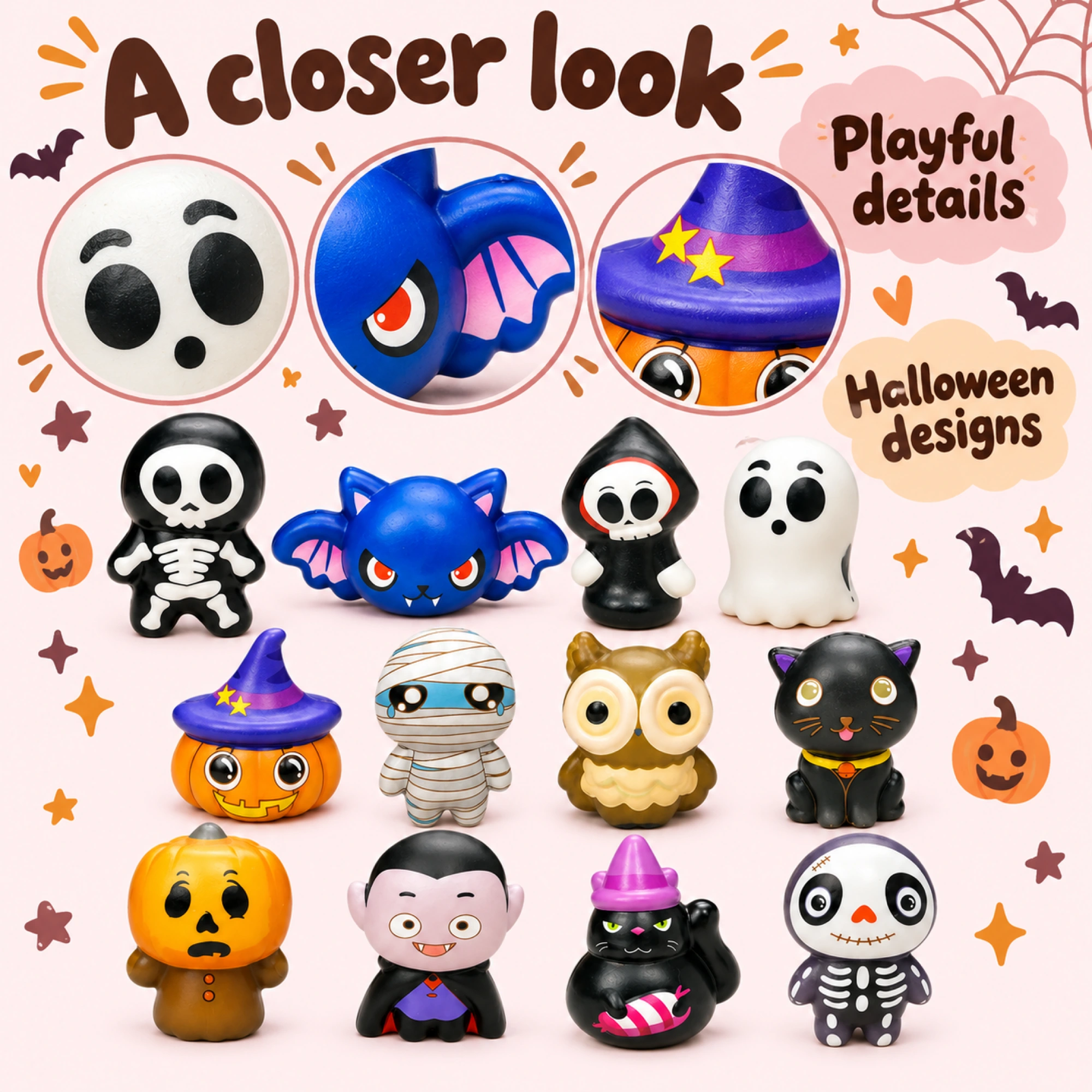 12 Pack Ghost Squishy Set Mini Halloween Squeeze Toys — details