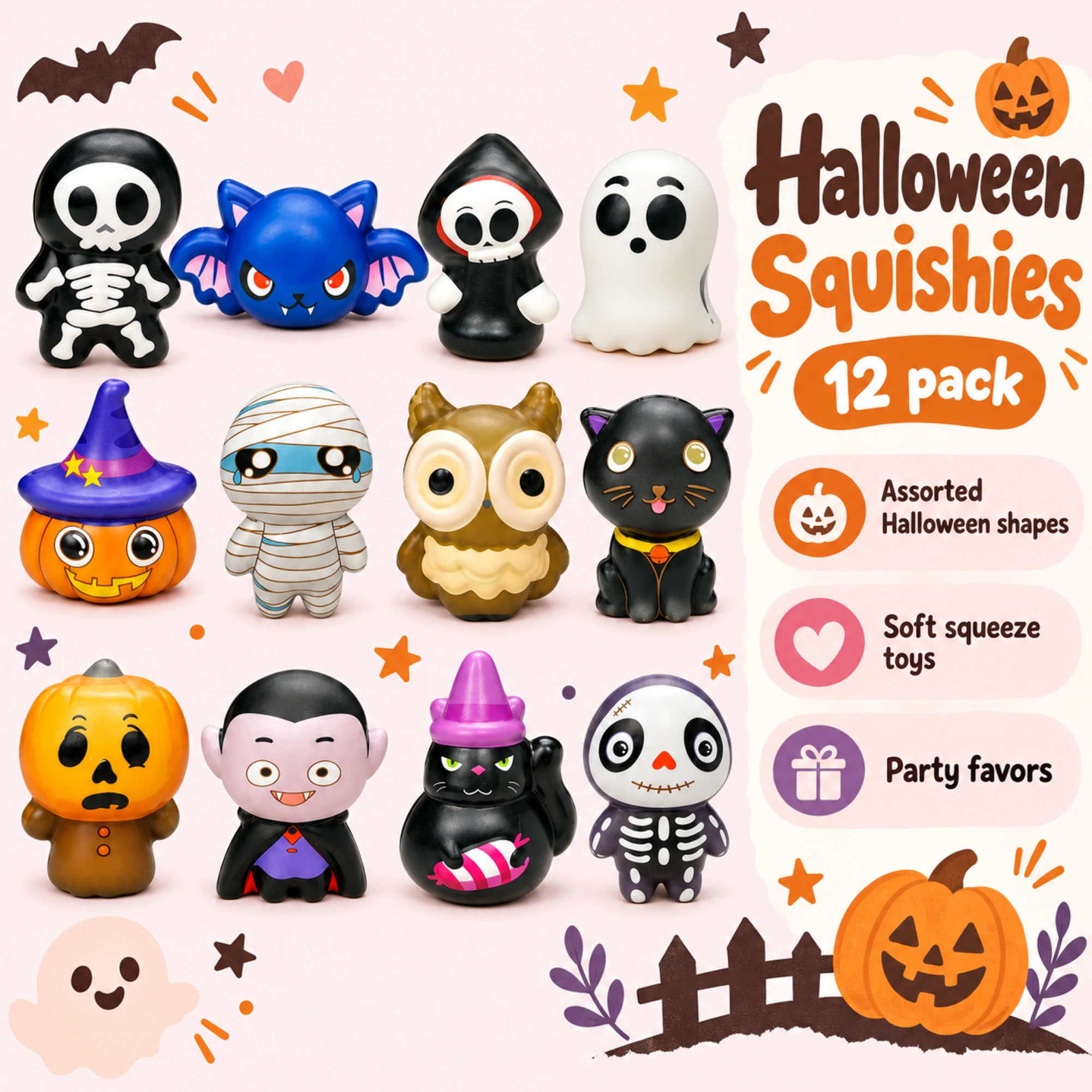 12 Pack Ghost Squishy Set Mini Halloween Squeeze Toys — spec