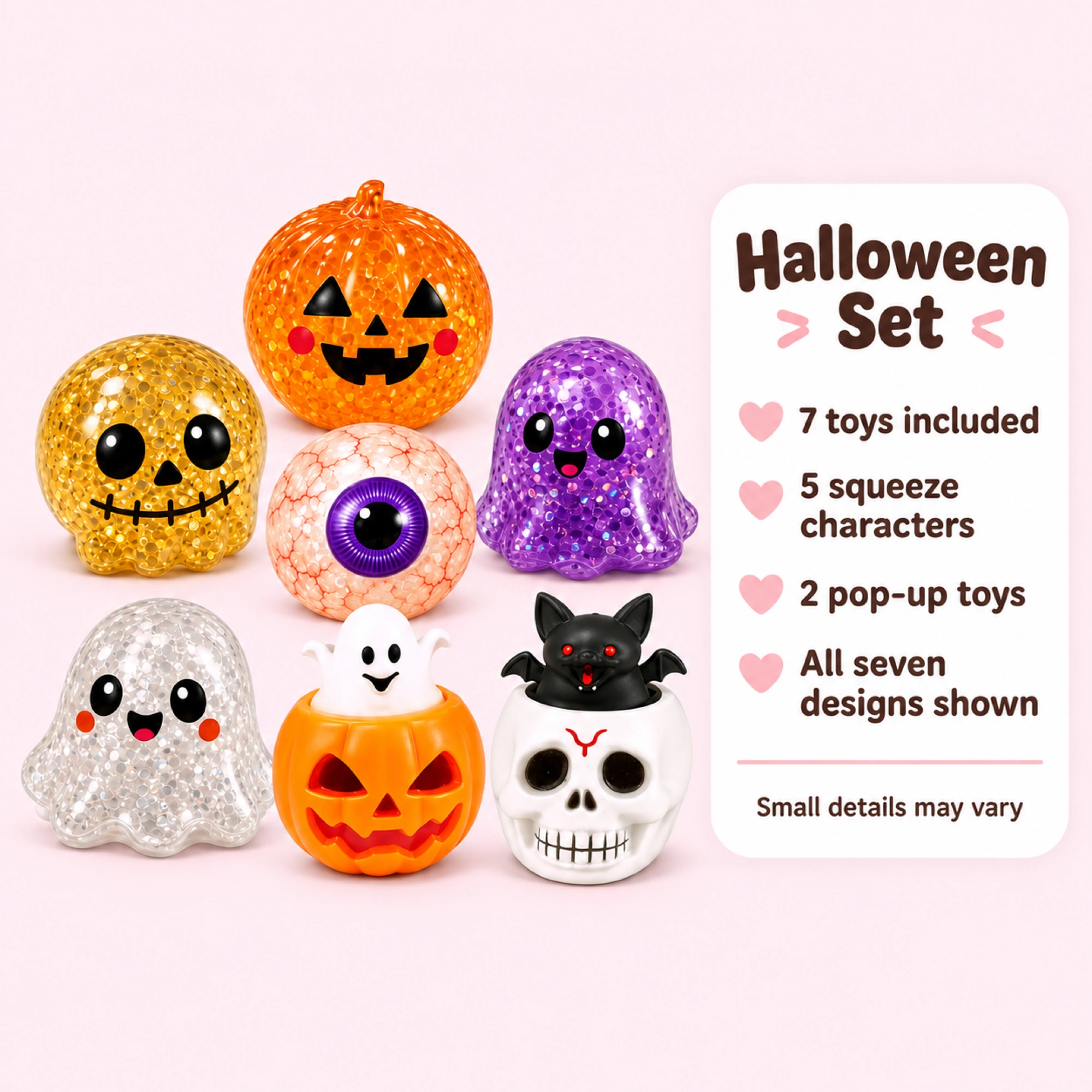 Halloween Squishy Set – 7 Pack Mystery & Pop-Up Squeeze Toys — spec