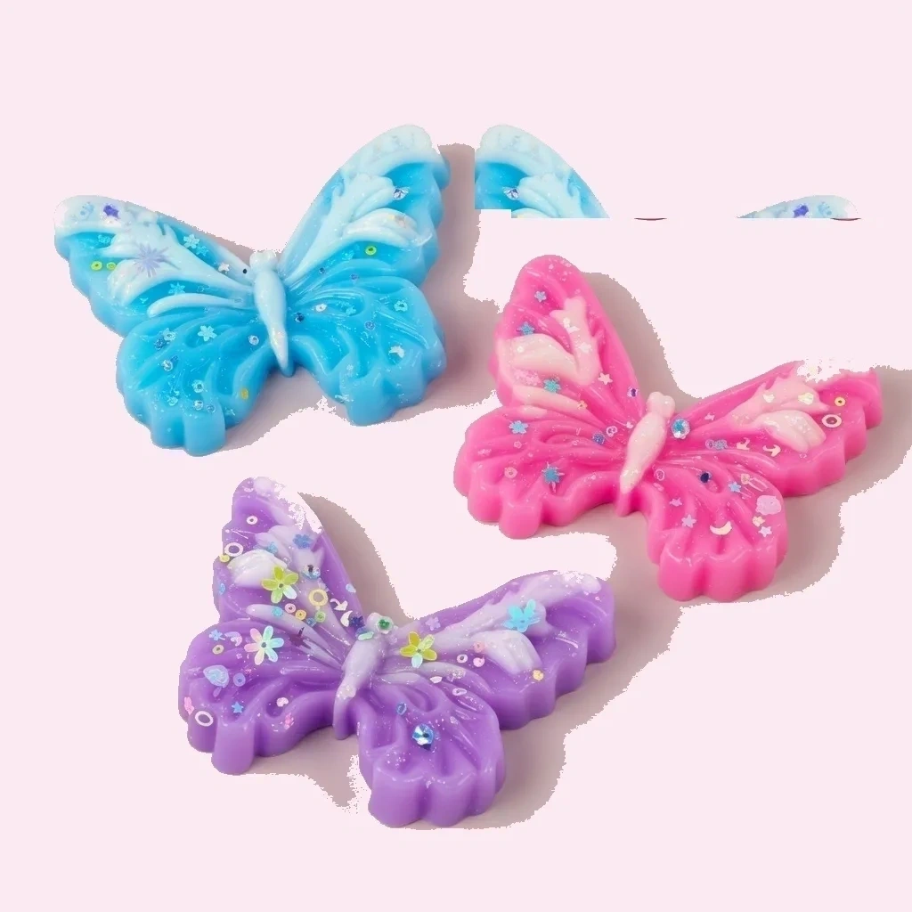 3 Pack Glitter Butterfly Squishy Slow Rising Sensory Toy shown as a current butterfly squishy example