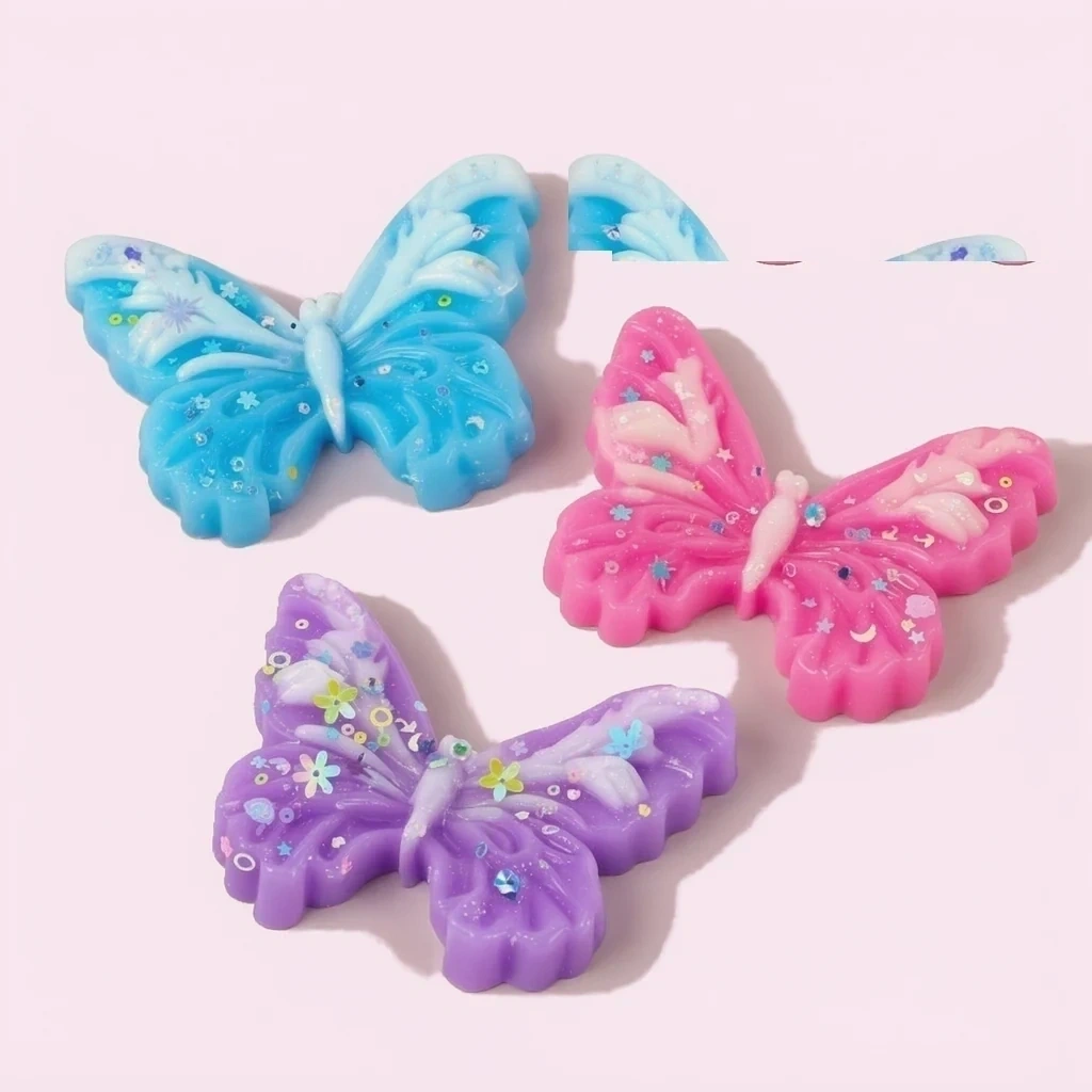 3 Pack Glitter Butterfly Squishy Slow Rising Sensory Toy shown as a current butterfly squishy example