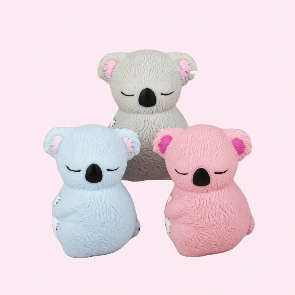 3 Pack Koala Squishy Fuzzy Slow Rising Sensory Toy Set shown as a current koala squishy example