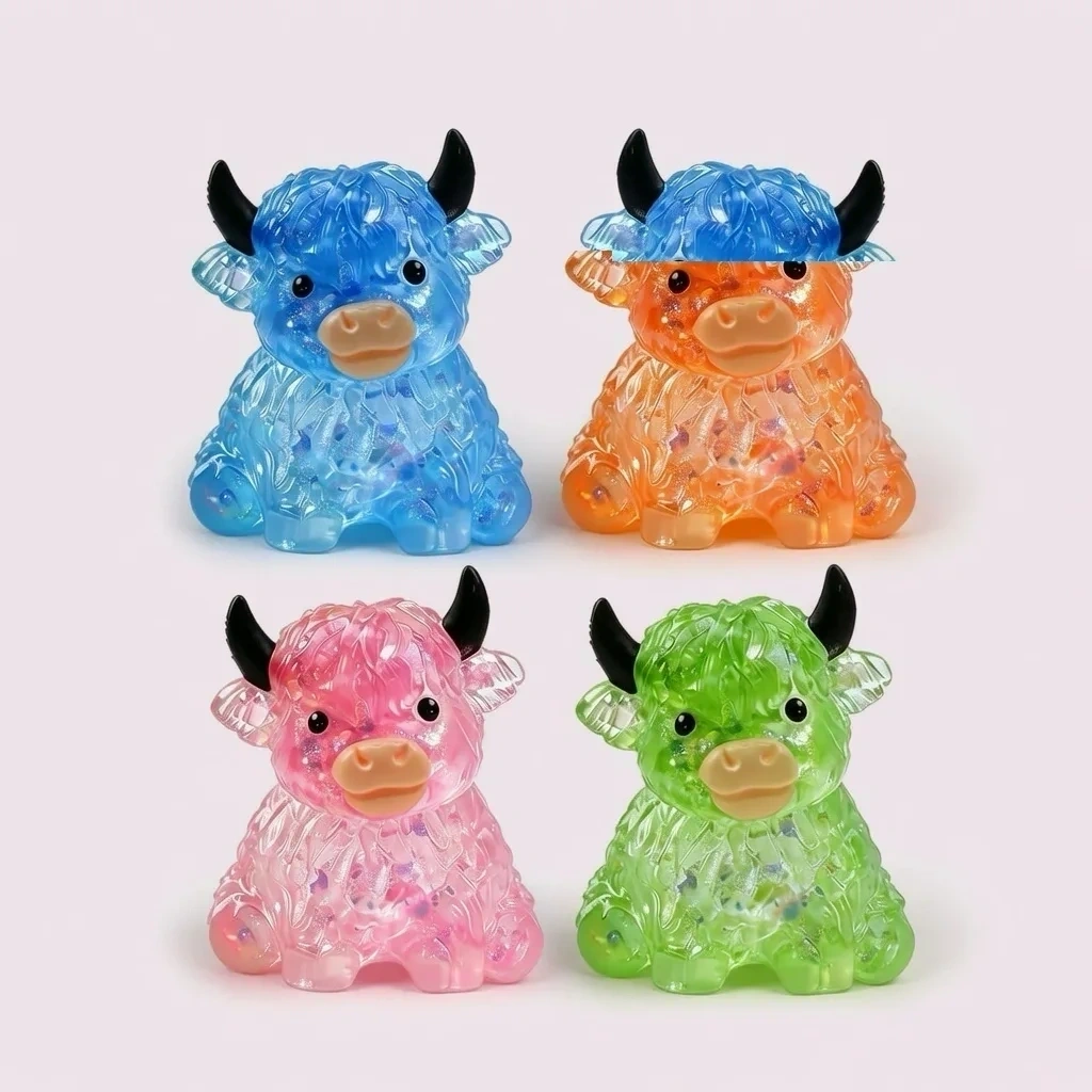 Pink cow-shaped squishy toys with translucent bead-filled bodies arranged together
