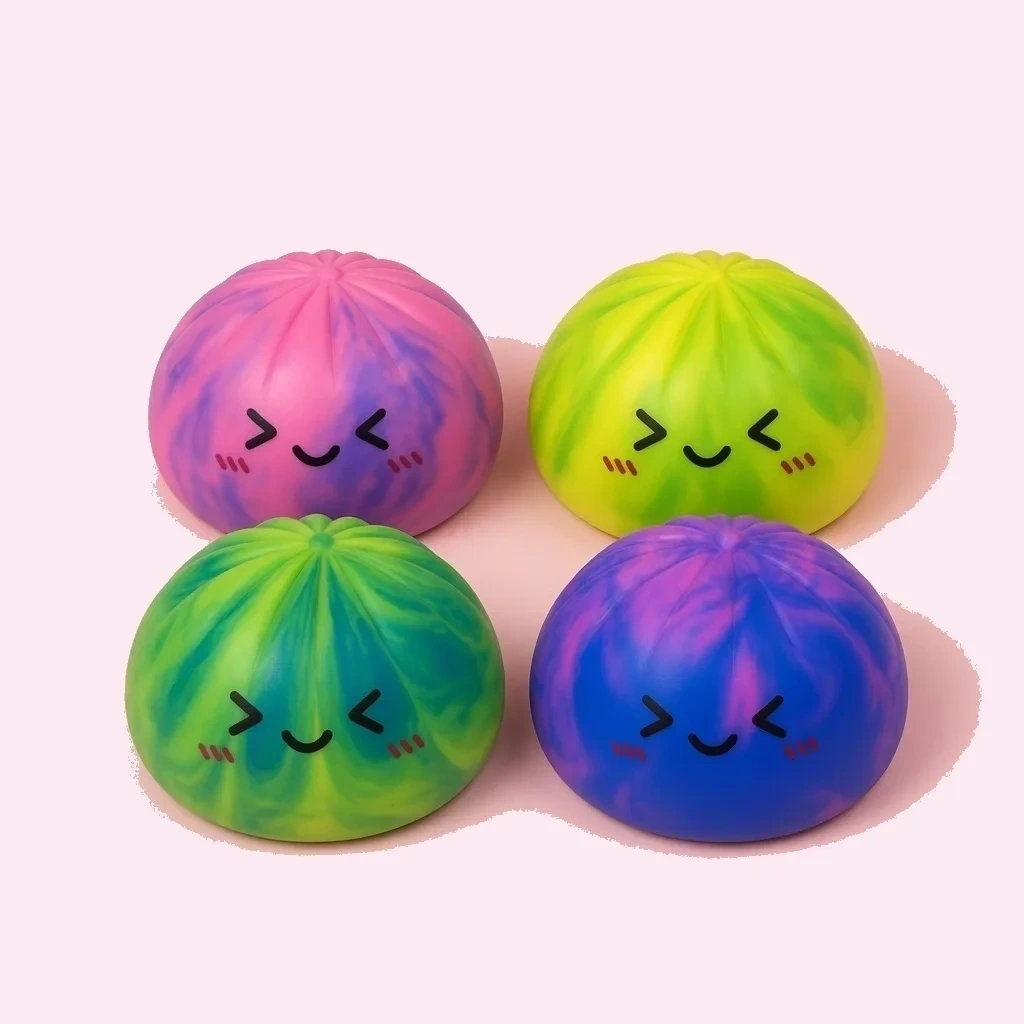 Dumpling Squishy with Steamer - 4PCS Tie Dye Sensory Stress Balls shown as a current stretchy squishy example