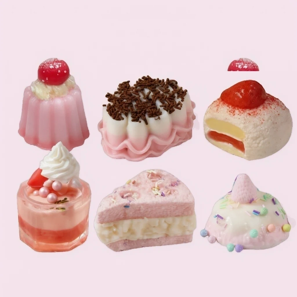 6 Pack Cupcake Squishy Set Jumbo Slow Rising Dessert Toys shown as a current cupcake squishy example