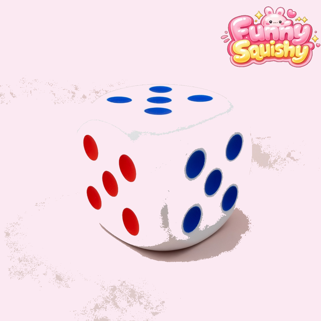 White 3 inch foam dice squishy stress ball with red and blue dots