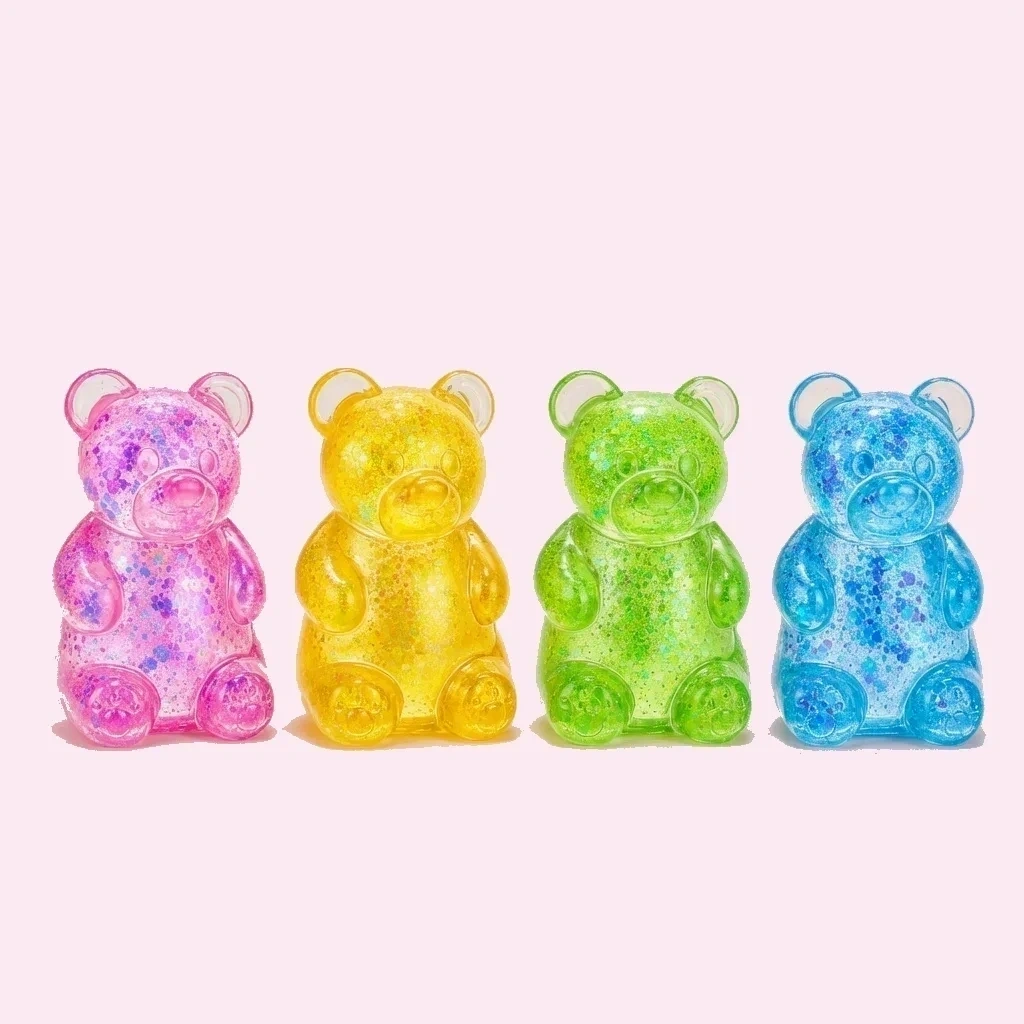 Glitter Gummy Bear Squishy 4 Pack Slow Rise Stress Balls shown as a current gummy bear squishy example