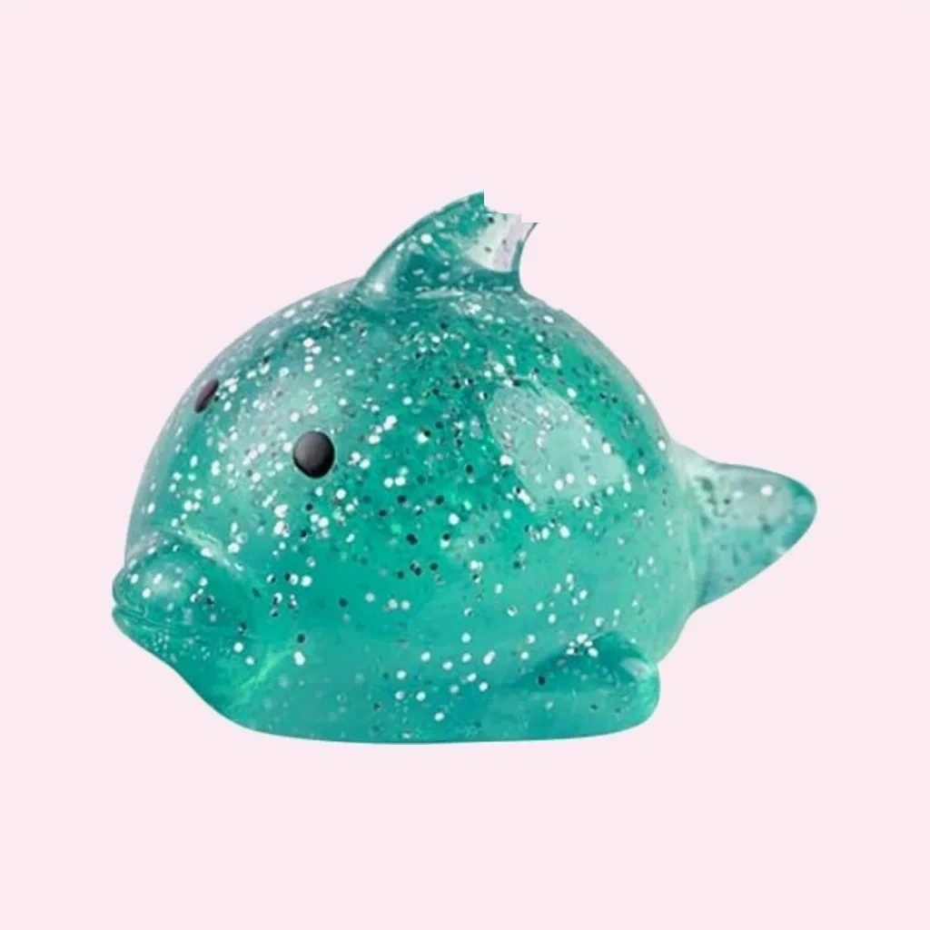Glitter Whale Squishy Slow Rising Squeeze Toy in Teal shown as a current whale squishy example