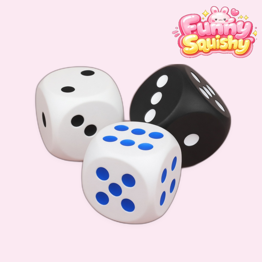 White, black and blue foam dice squishy 3-pack