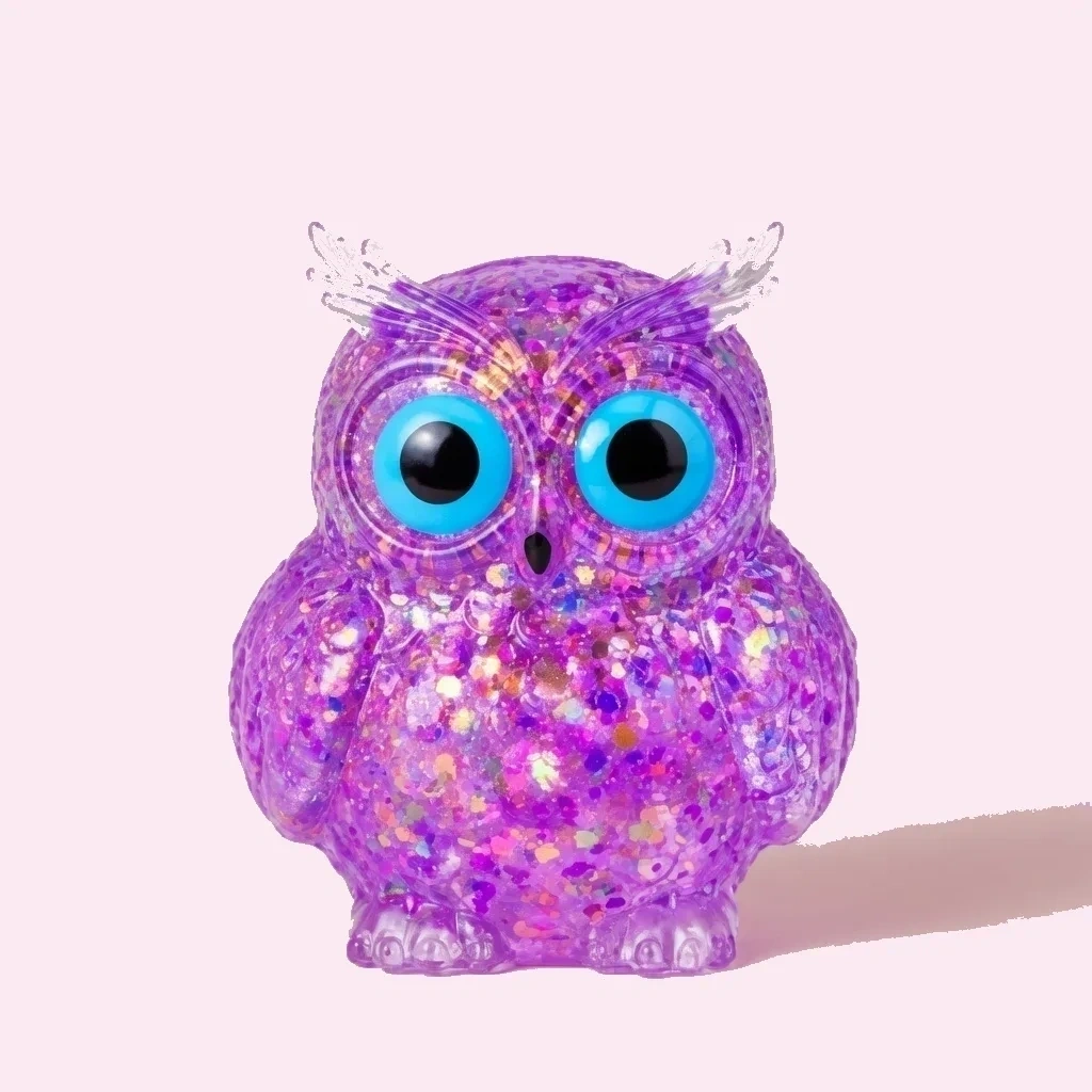 Jumbo Owl Squishy Slow Rising Glitter Desk Toy Purple shown as a current owl squishy example