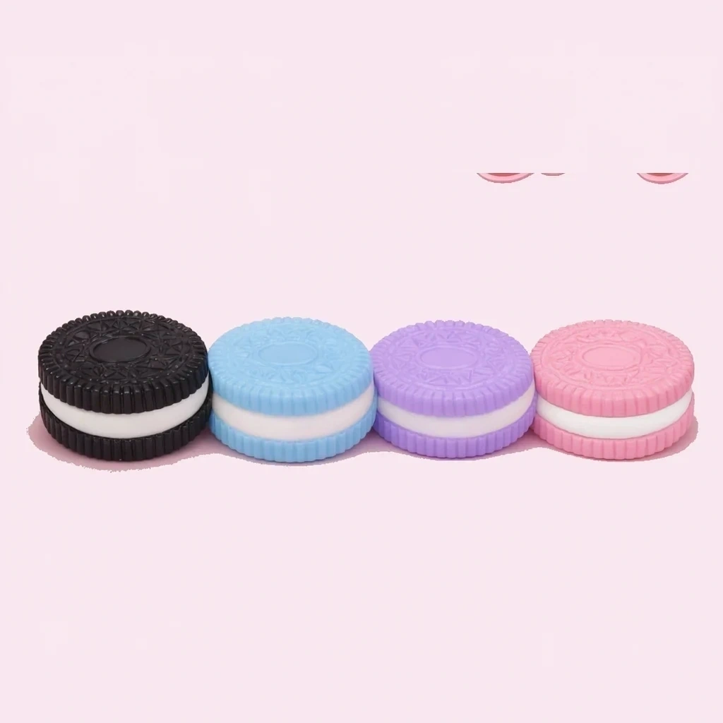 Close-up of sandwich cookie squishy showing textured biscuit and cream filling layers