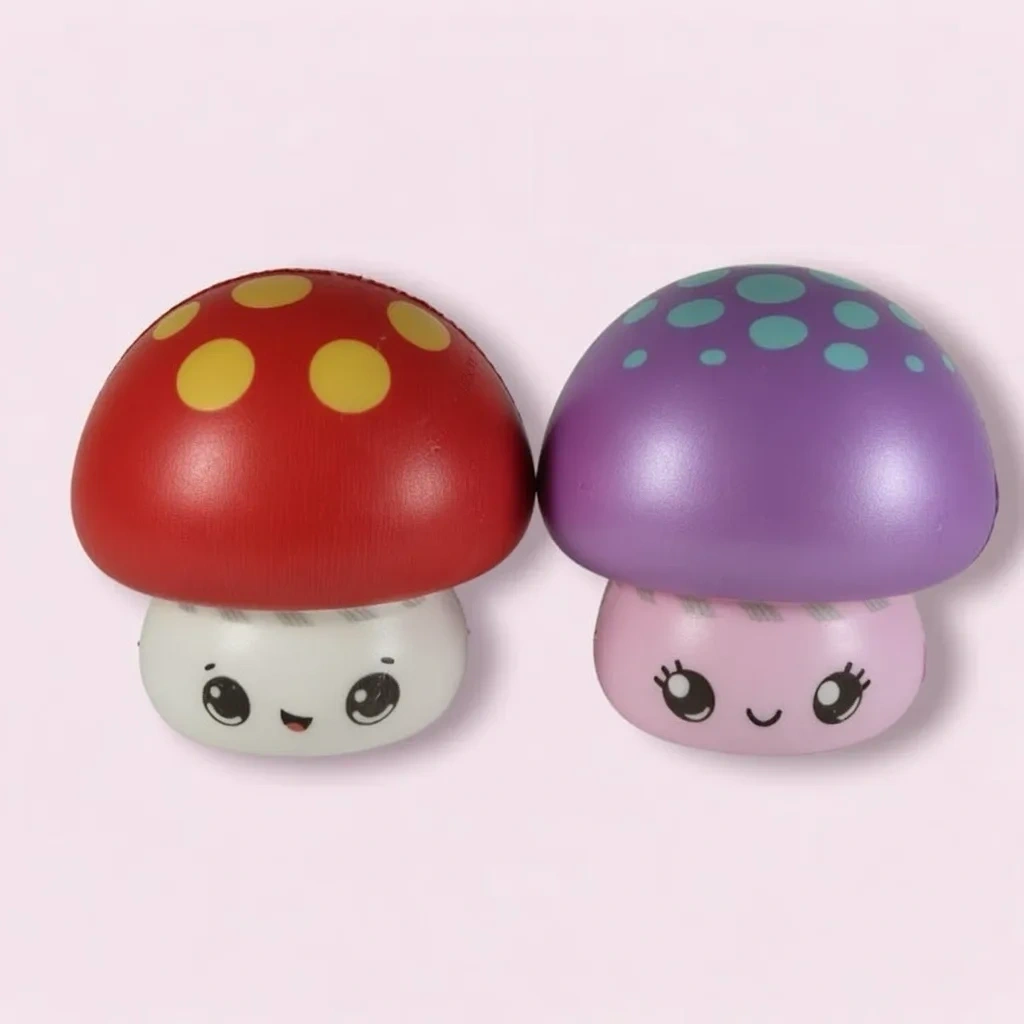 Slow Rising Mushroom Squishy 2-Pack Memory Foam Squeeze Toys shown as a current mushroom squishy example