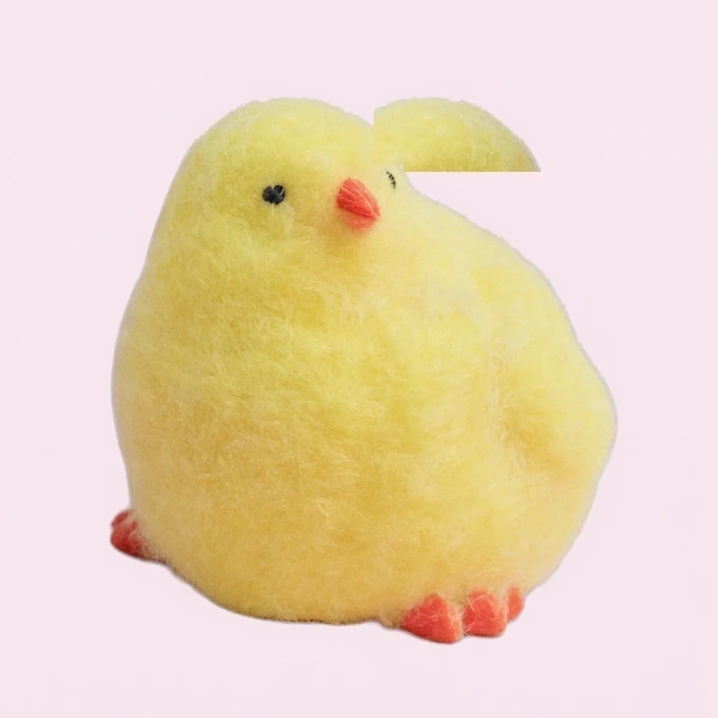 Yellow Taba-style chick squishy on a pink studio display