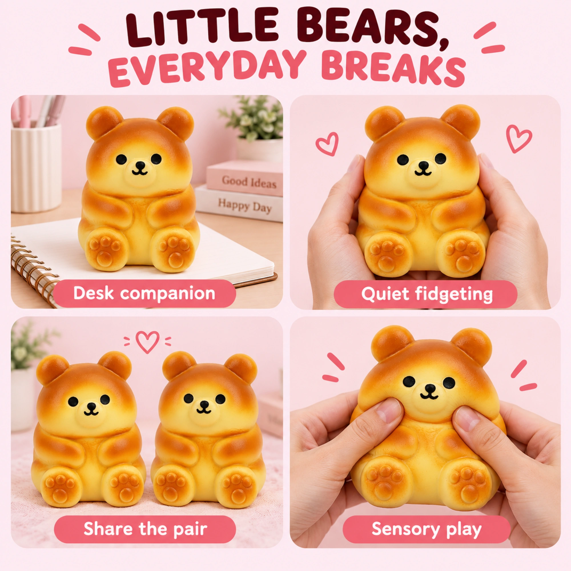 Golden honey-bun bear squishy — lifestyle