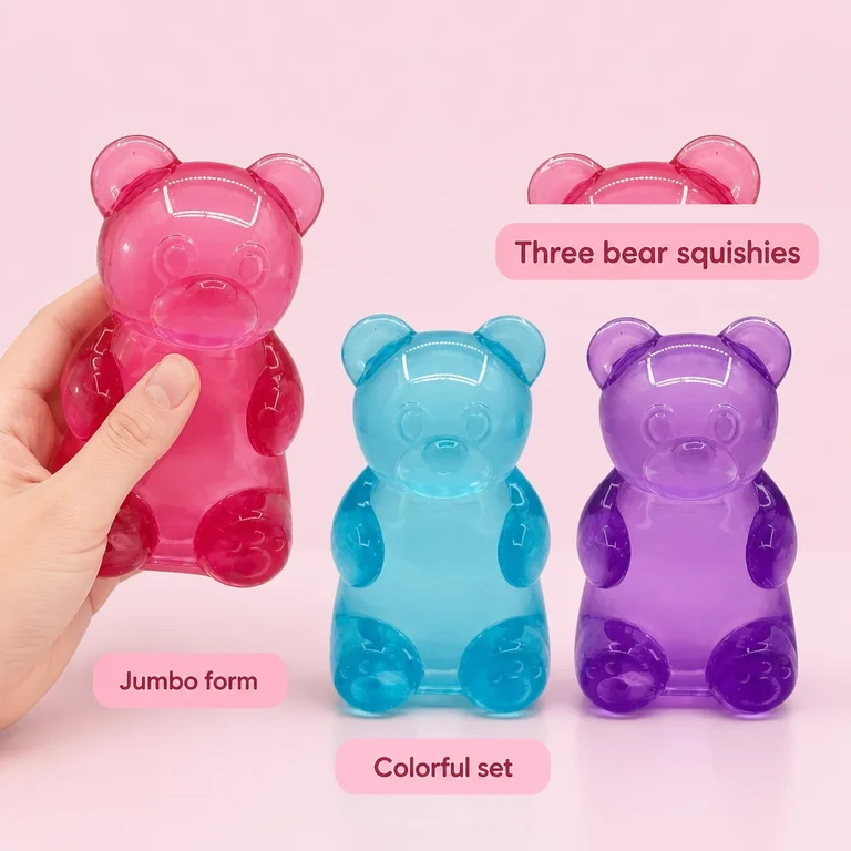 Velvet flocked jumbo jelly bear squishy on clean display plate