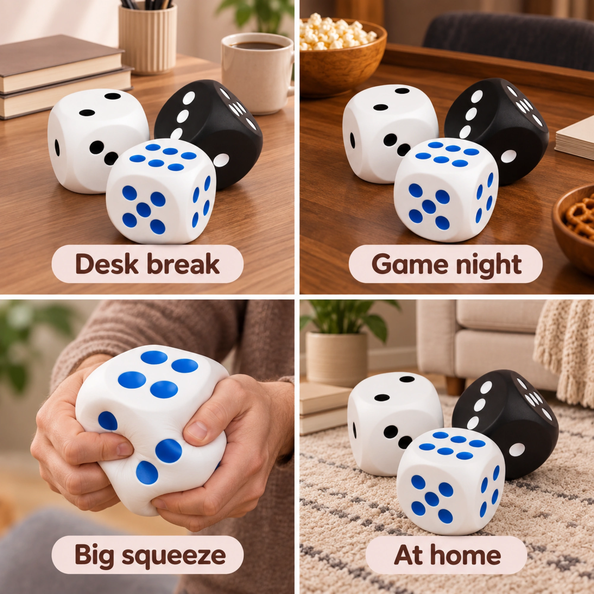 6 Inch Jumbo Dice Squishy, 3 Giant Soft Foam Dice for Game Night — lifestyle