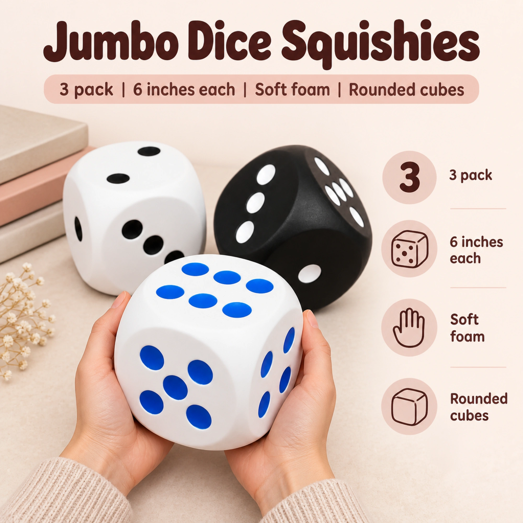 6 Inch Jumbo Dice Squishy, 3 Giant Soft Foam Dice for Game Night — spec