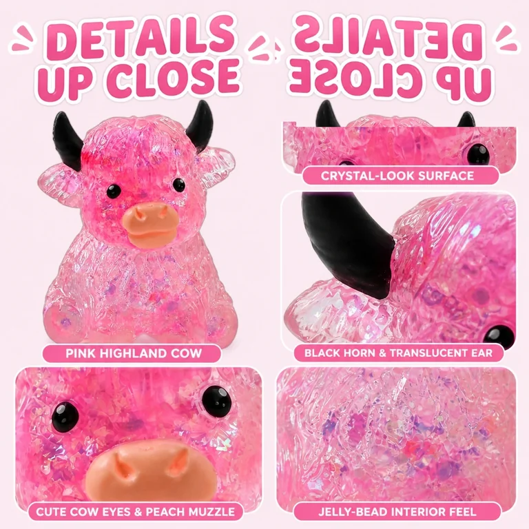Two hands pressing a pink cow-shaped squishy filled with translucent beads