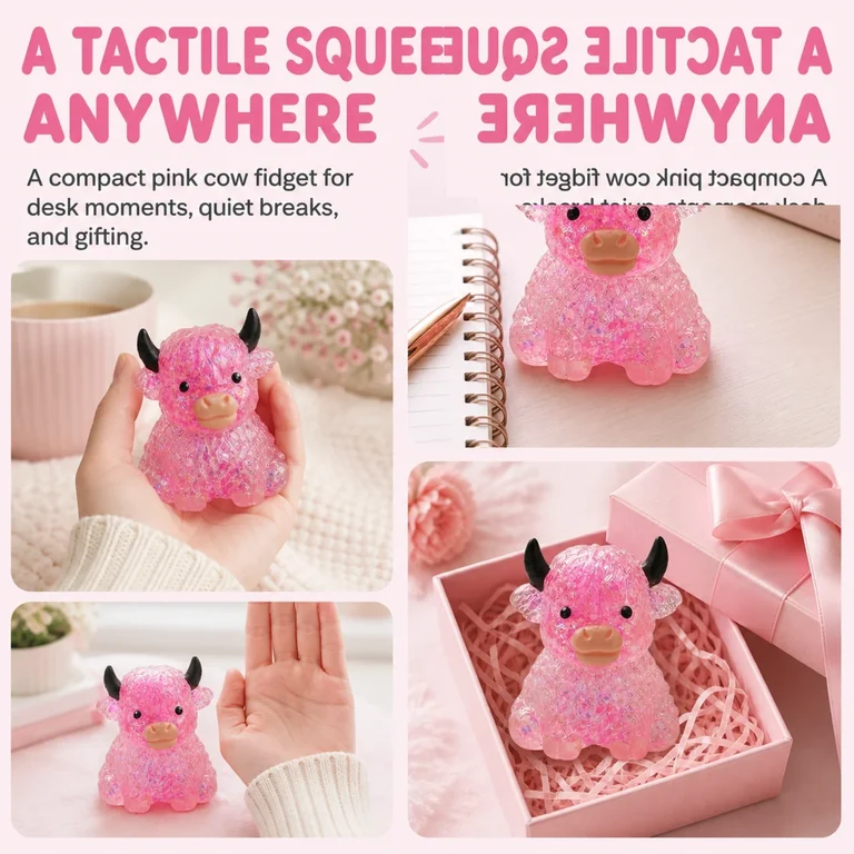 Crystal jelly bead cow squishy on a desk as a toy product example