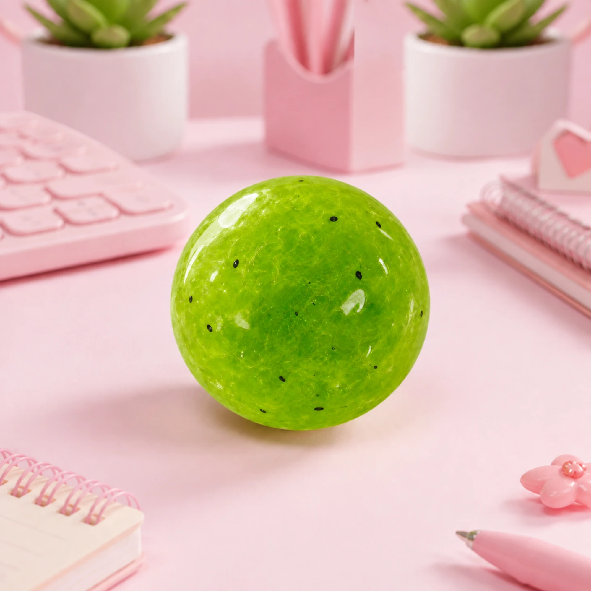 Kiwi squishy ball on a pink desk