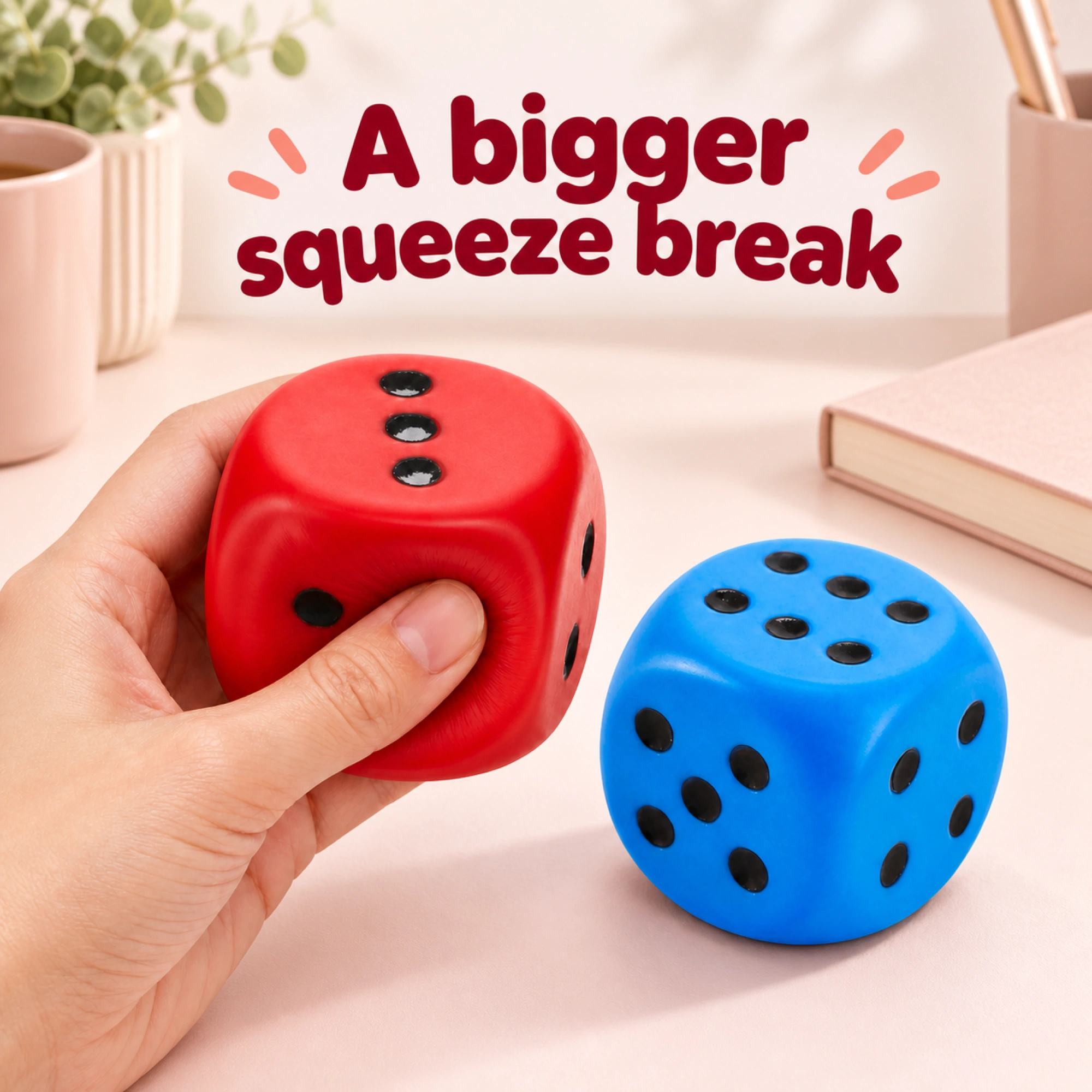 Large Dice Squishy 2-Pack, 3.9 Inch Red Blue Foam Stress Dice — lifestyle