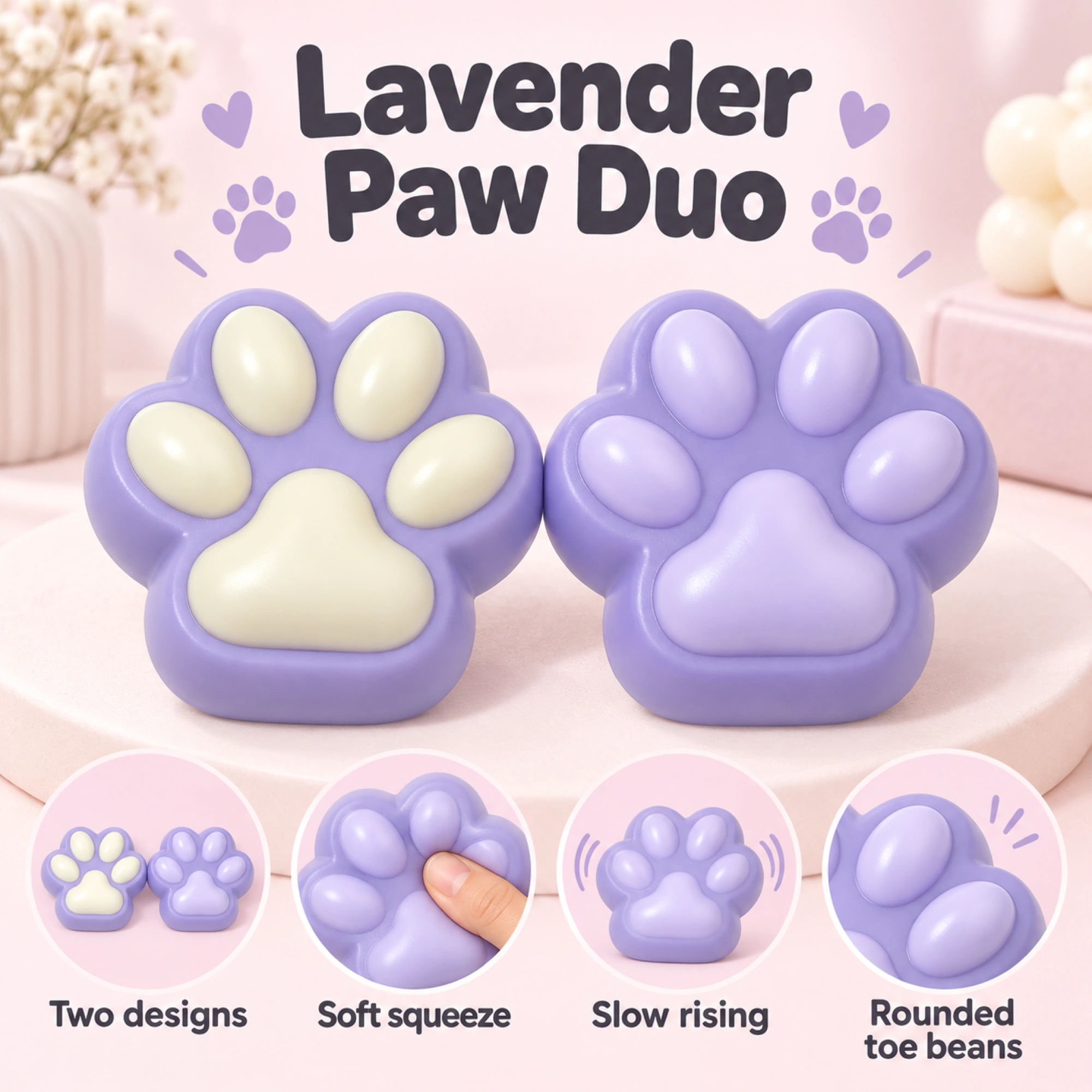 Lavender Cat Squishy Paw, 2 Pack Soft Slow Rising Squeeze Toy — alternate view