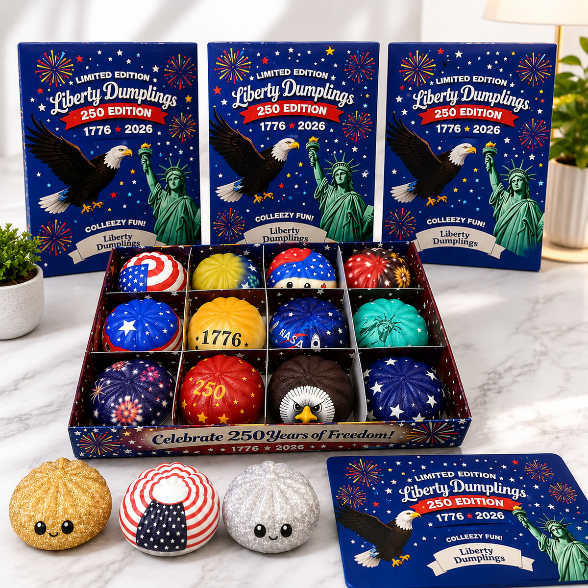 Patriotic Dumpling Squishy Mystery Box – Liberty 250 Blind Box, 12 Collectible 4th of July Designs