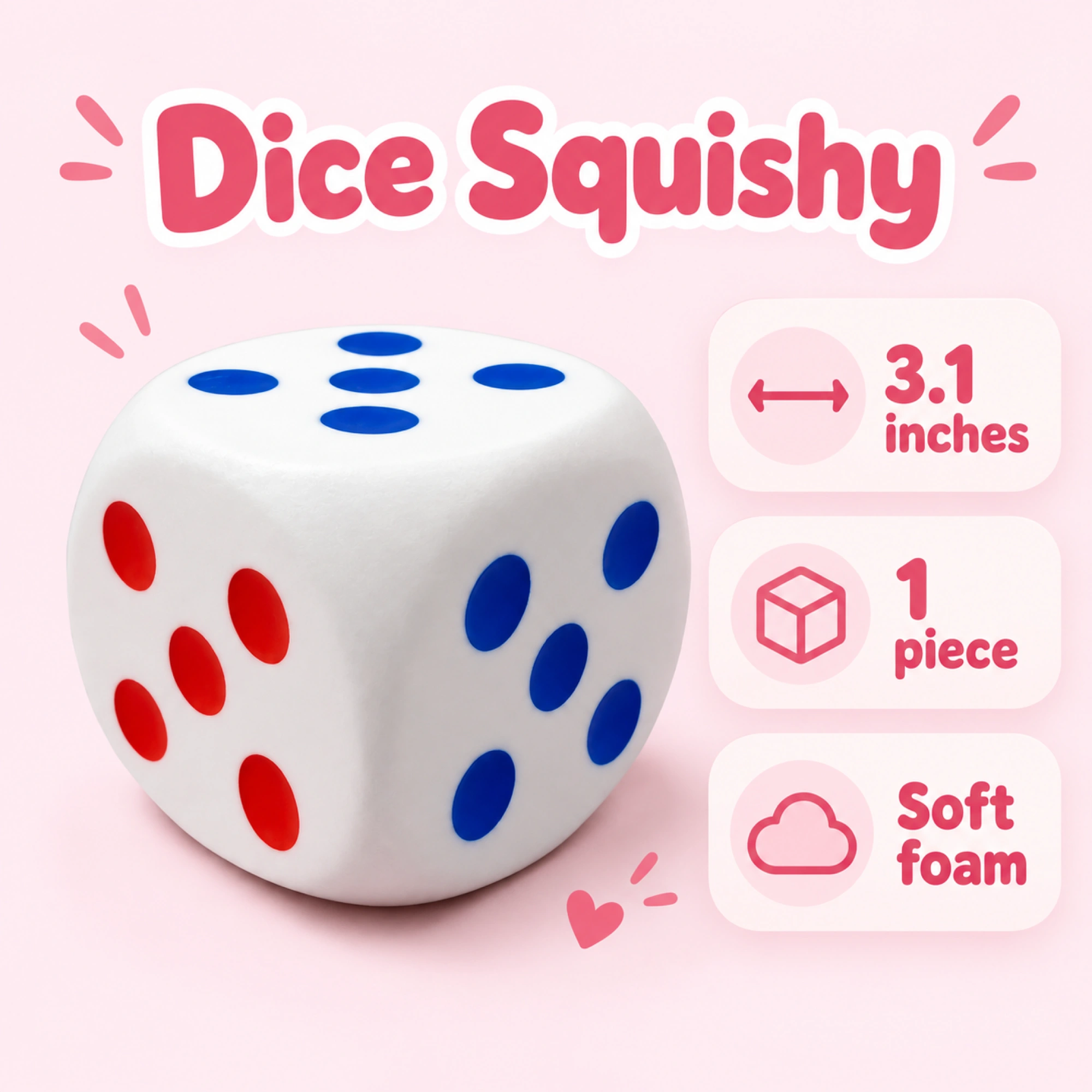 Dice Squishy Stress Ball, 3 Inch Foam Lucky Numbers Fidget Dice — spec