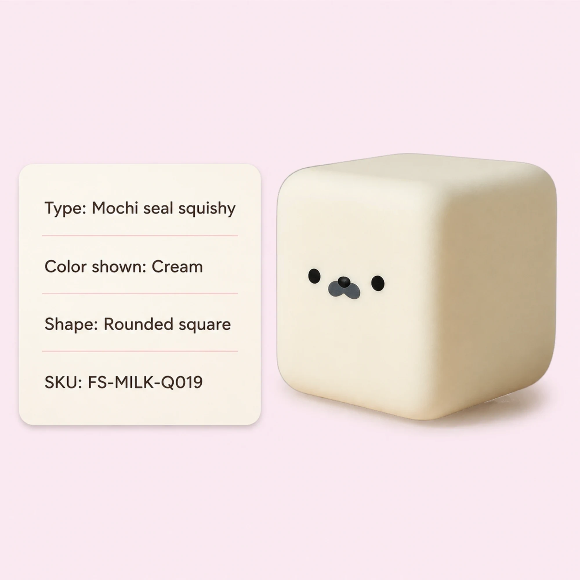 Mochi seal squishy type, cream color, rounded square and SKU FS-MILK-Q019