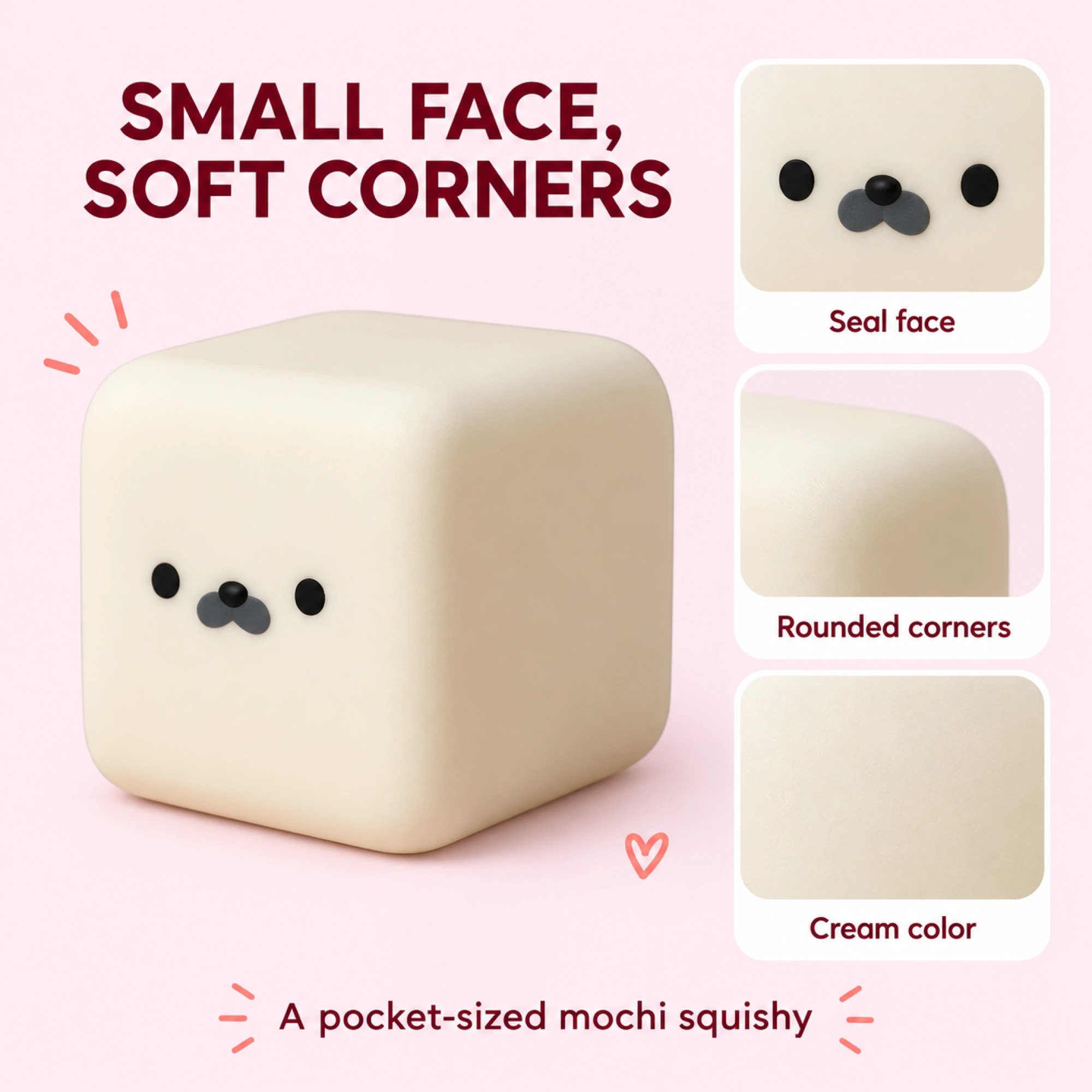 Cream rounded cube mochi seal squishy - details