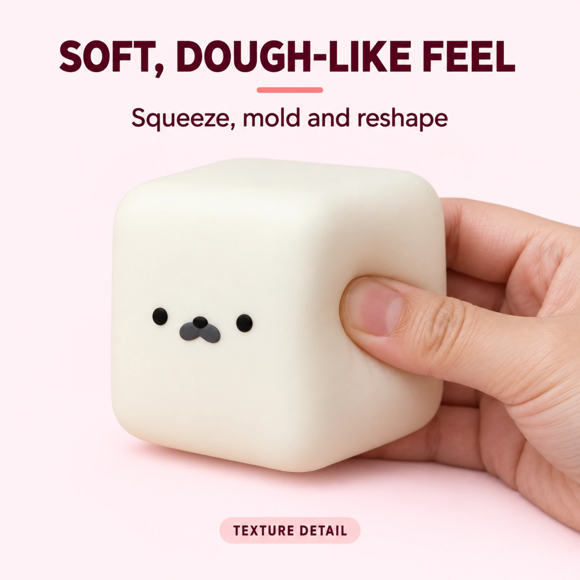 Milk-white seal cube squishy — soft dough-like exterior under a gentle squeeze