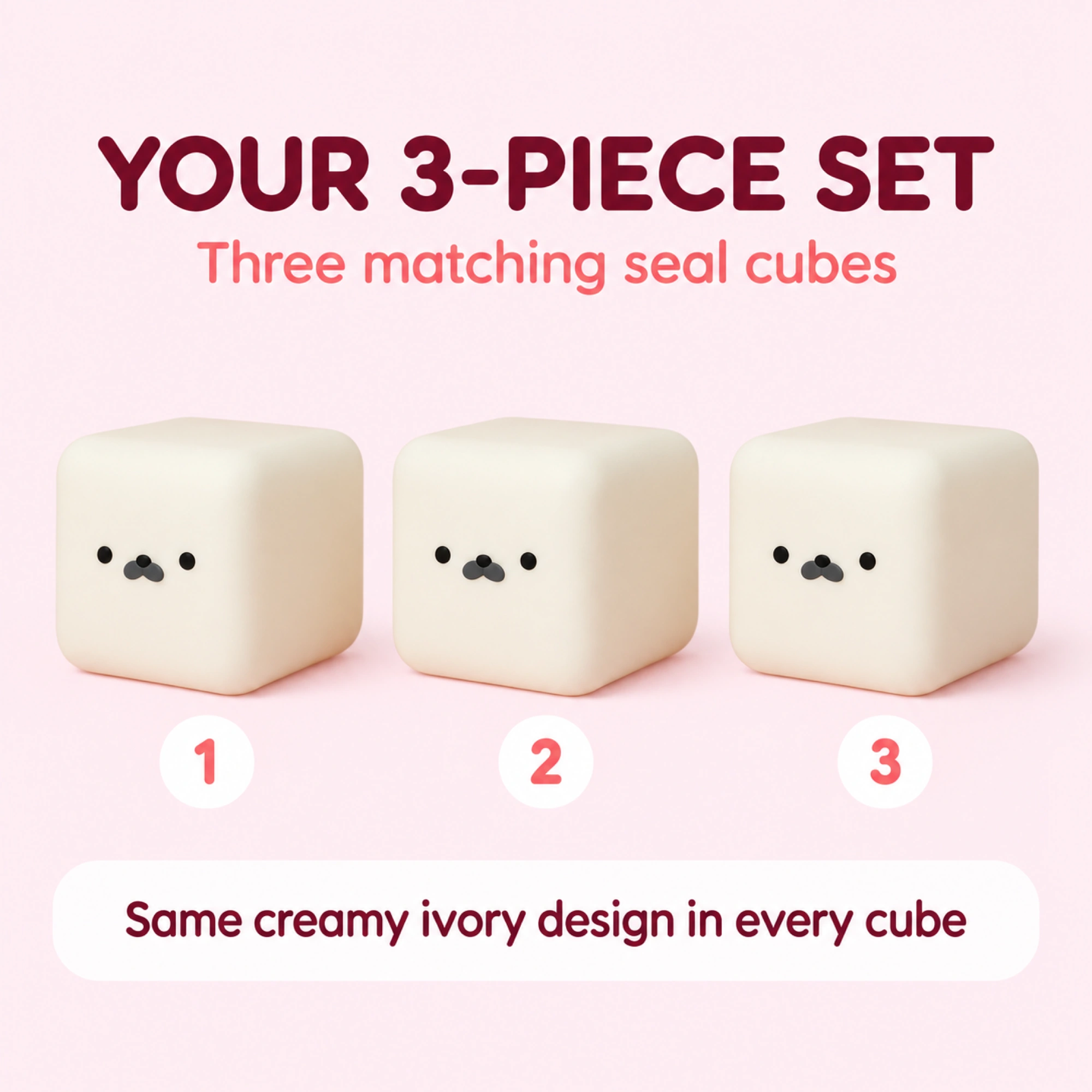 Three-piece set containing three matching creamy ivory seal cube squishies