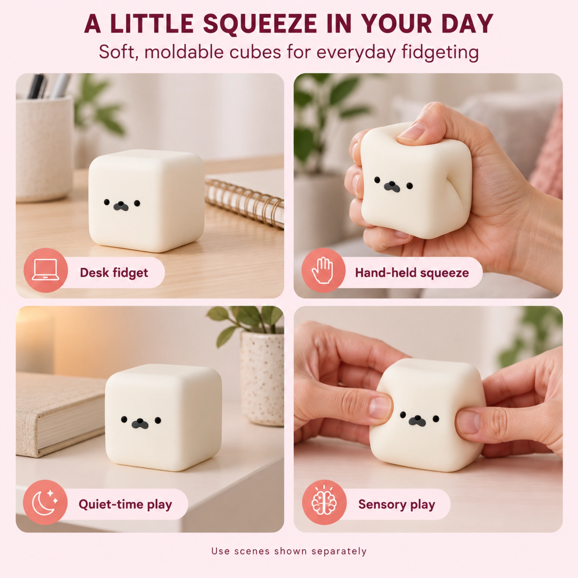 Milk-white seal cube squishy — separate desk, hand-held, quiet-time and sensory play scenes