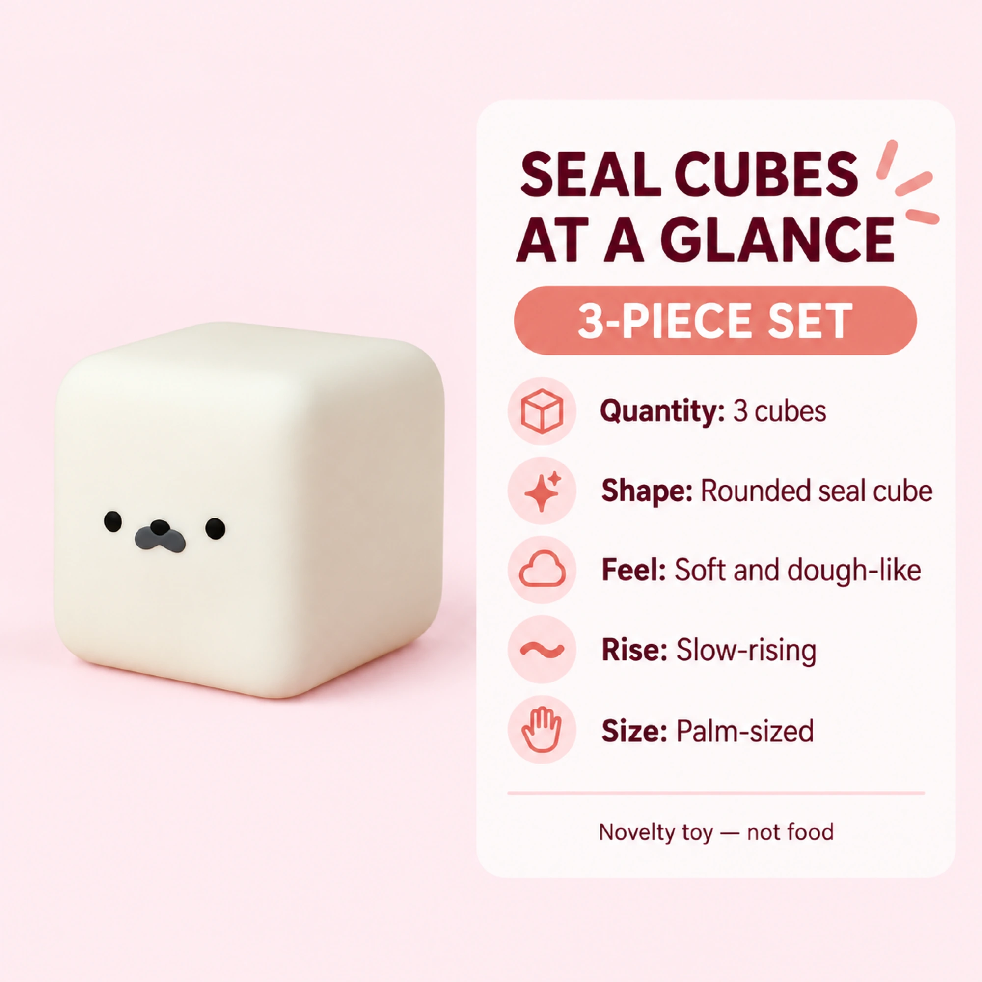 Seal cube squishy three-piece set — soft dough-like, slow-rising, palm-sized product facts