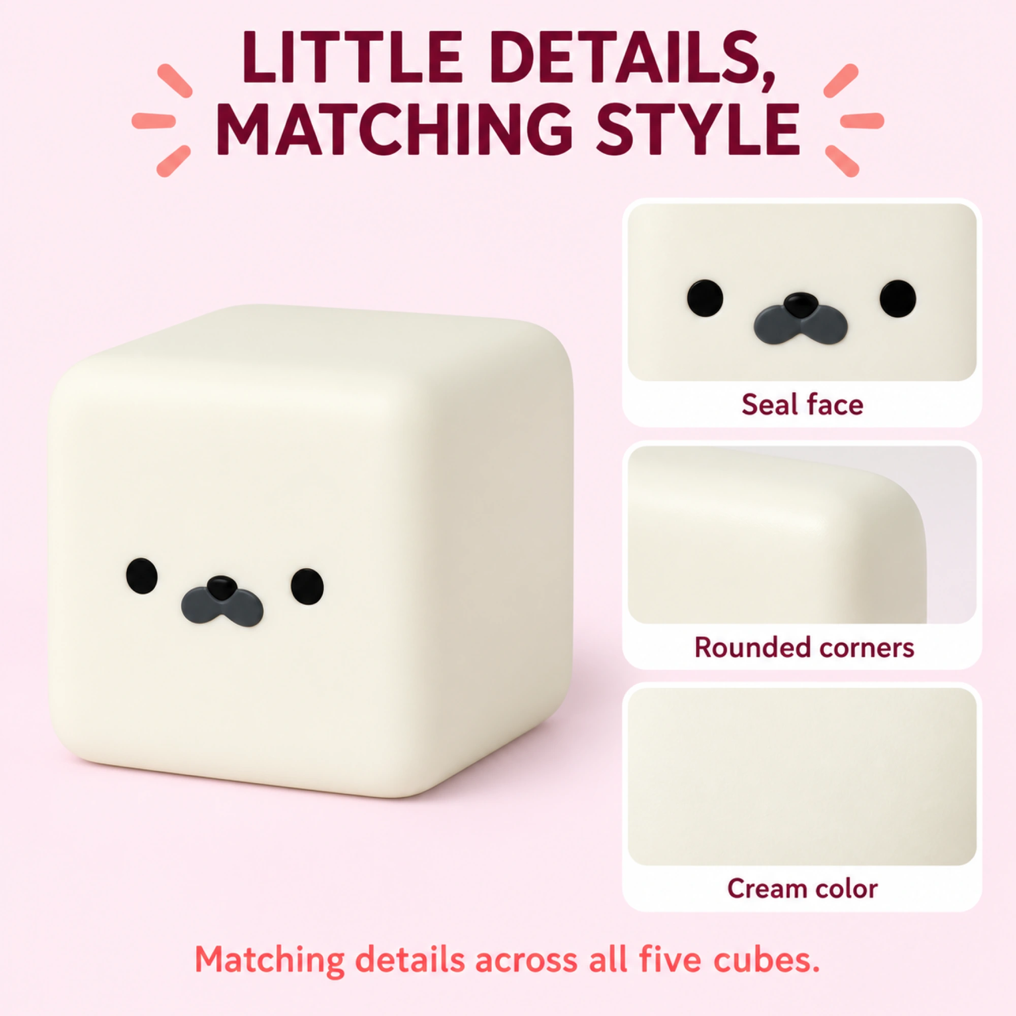 Five matching cream seal squishy cubes - details