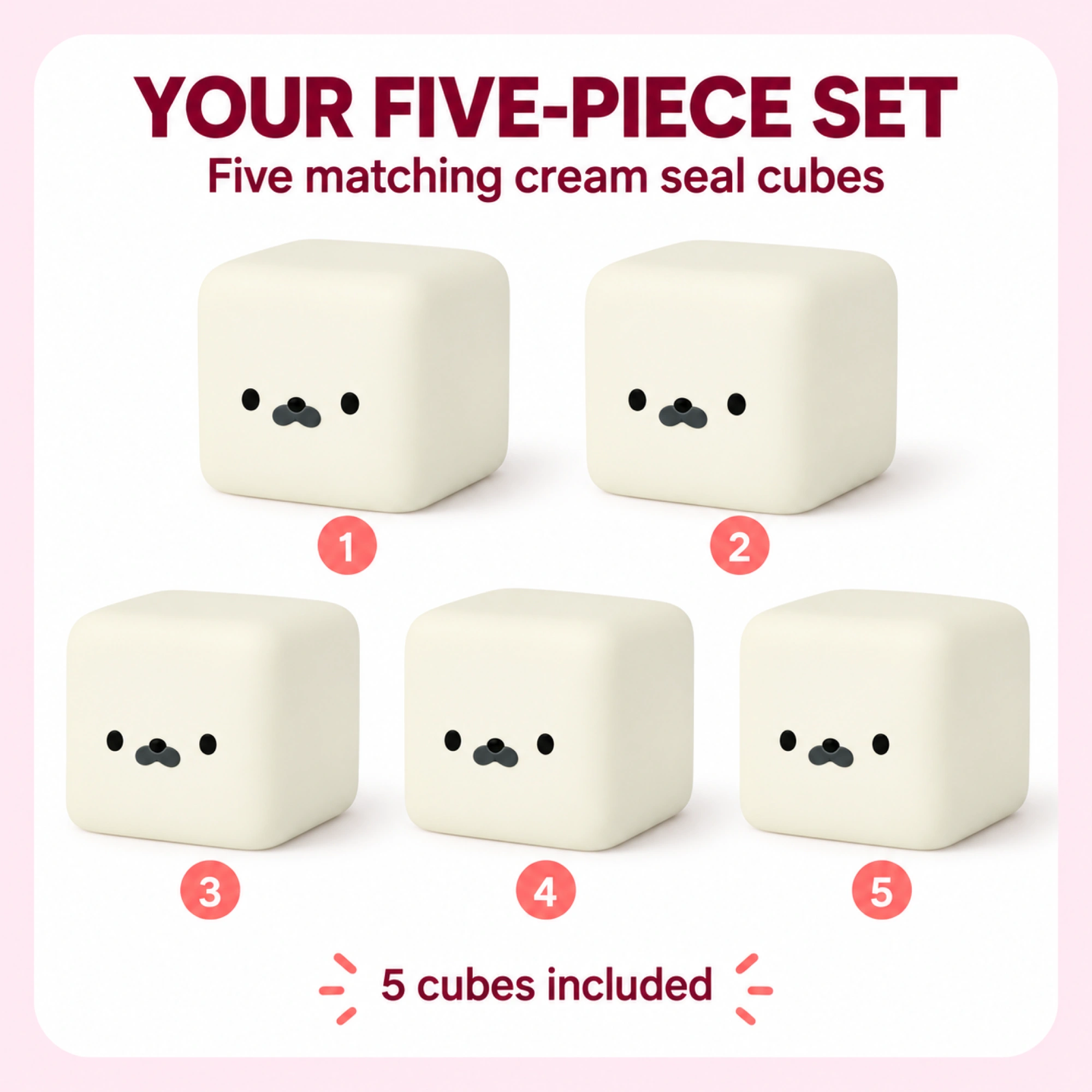 Five matching cream seal squishy cubes - pack-contents