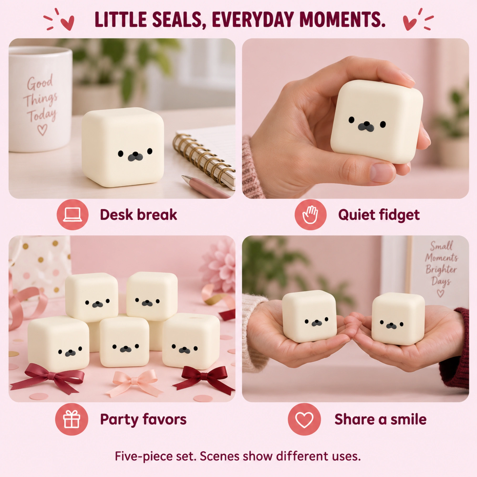 Five matching cream seal squishy cubes - lifestyle