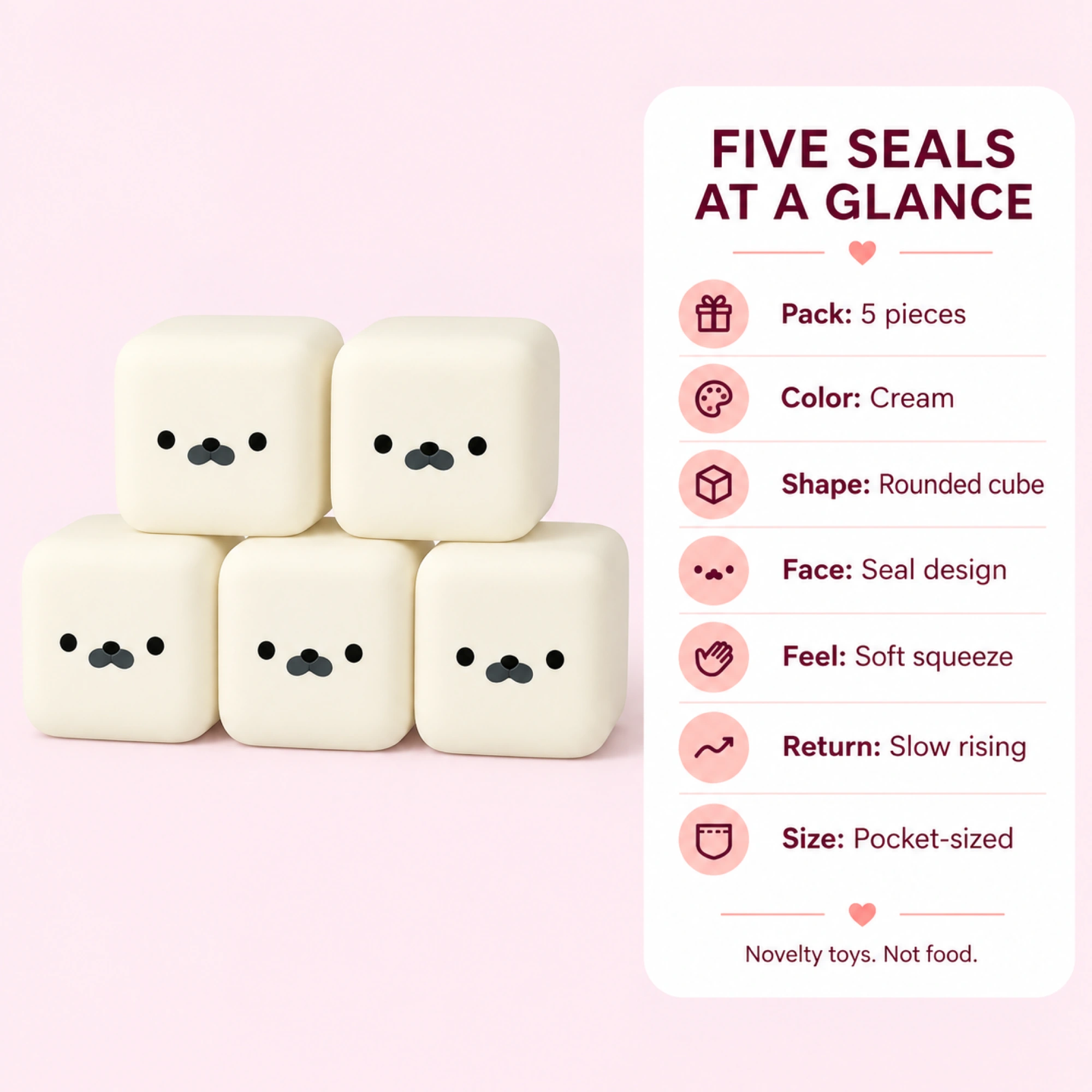 Five matching cream seal squishy cubes - spec