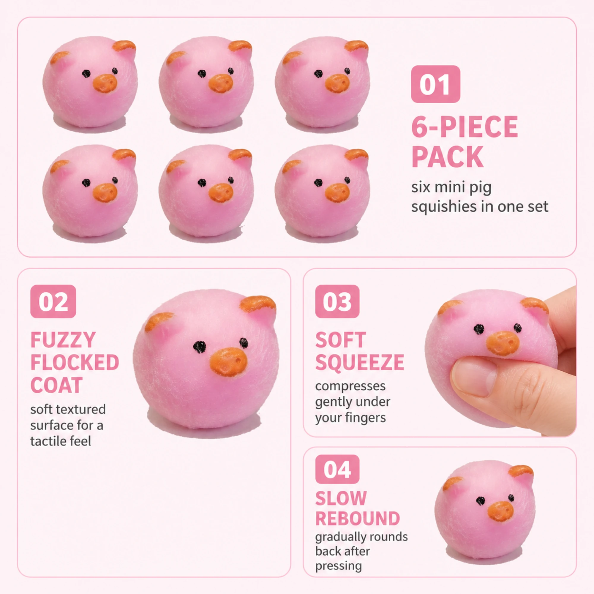 Mini Pig 스퀴시 6 Pack Fuzzy Mochi 스퀴시 Fidget Toys — 대체 보기