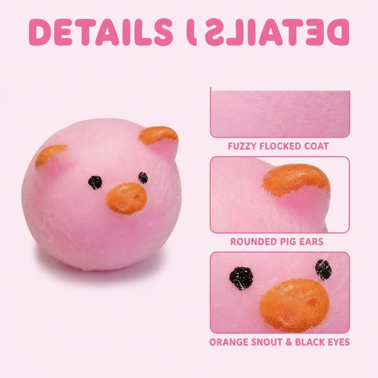 Close-up texture of fuzzy flocked mini pig squishy for tactile stimulation