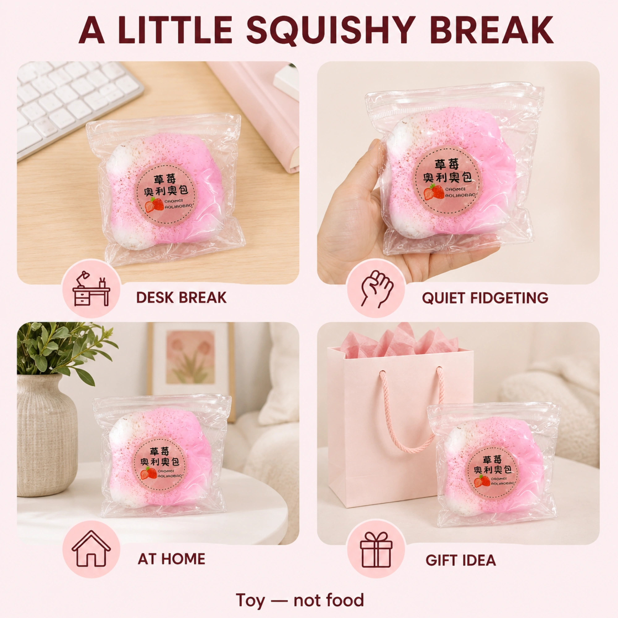Packaged strawberry mochi squishy for desk breaks, home and gifting