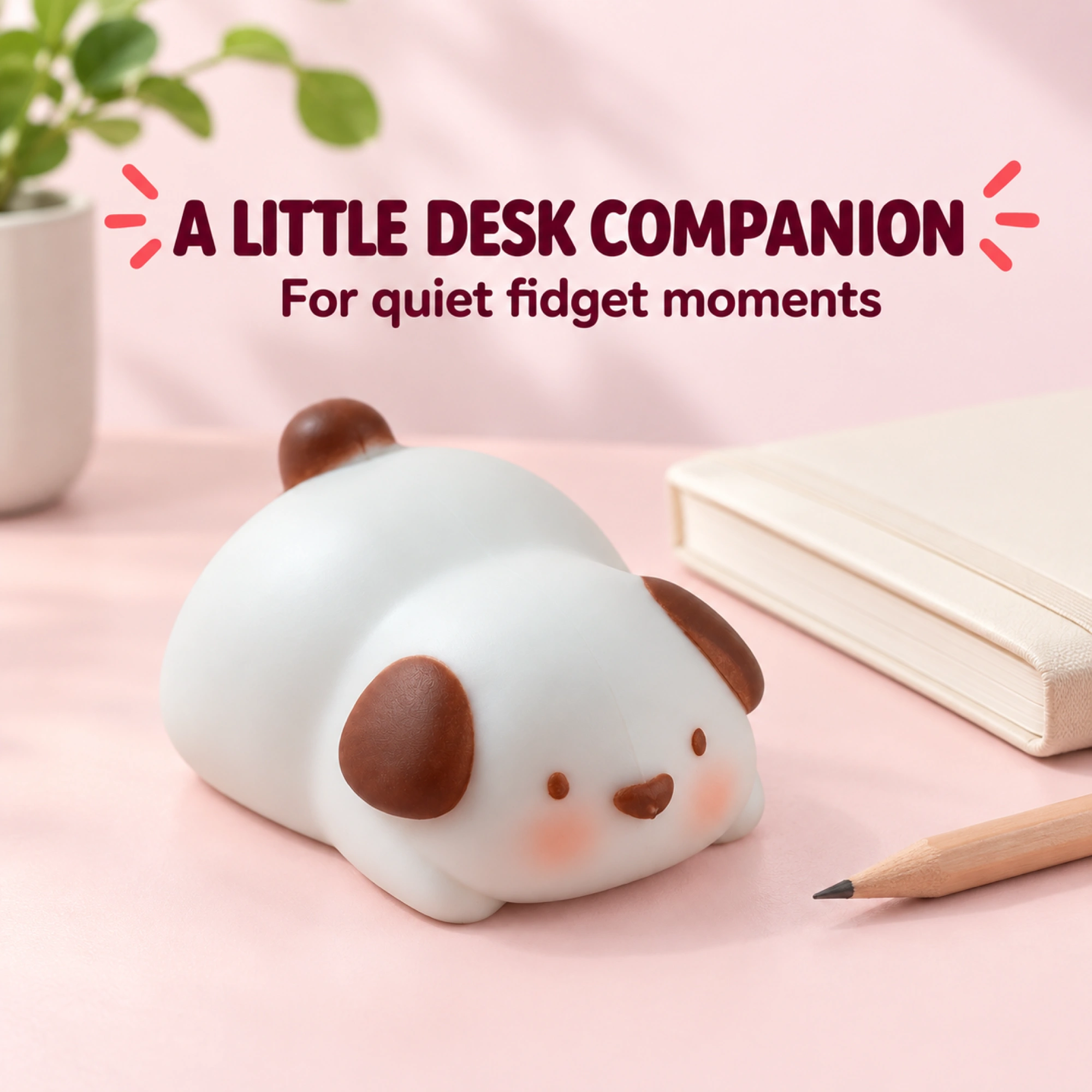 Mochi puppy squishy on a tidy desk