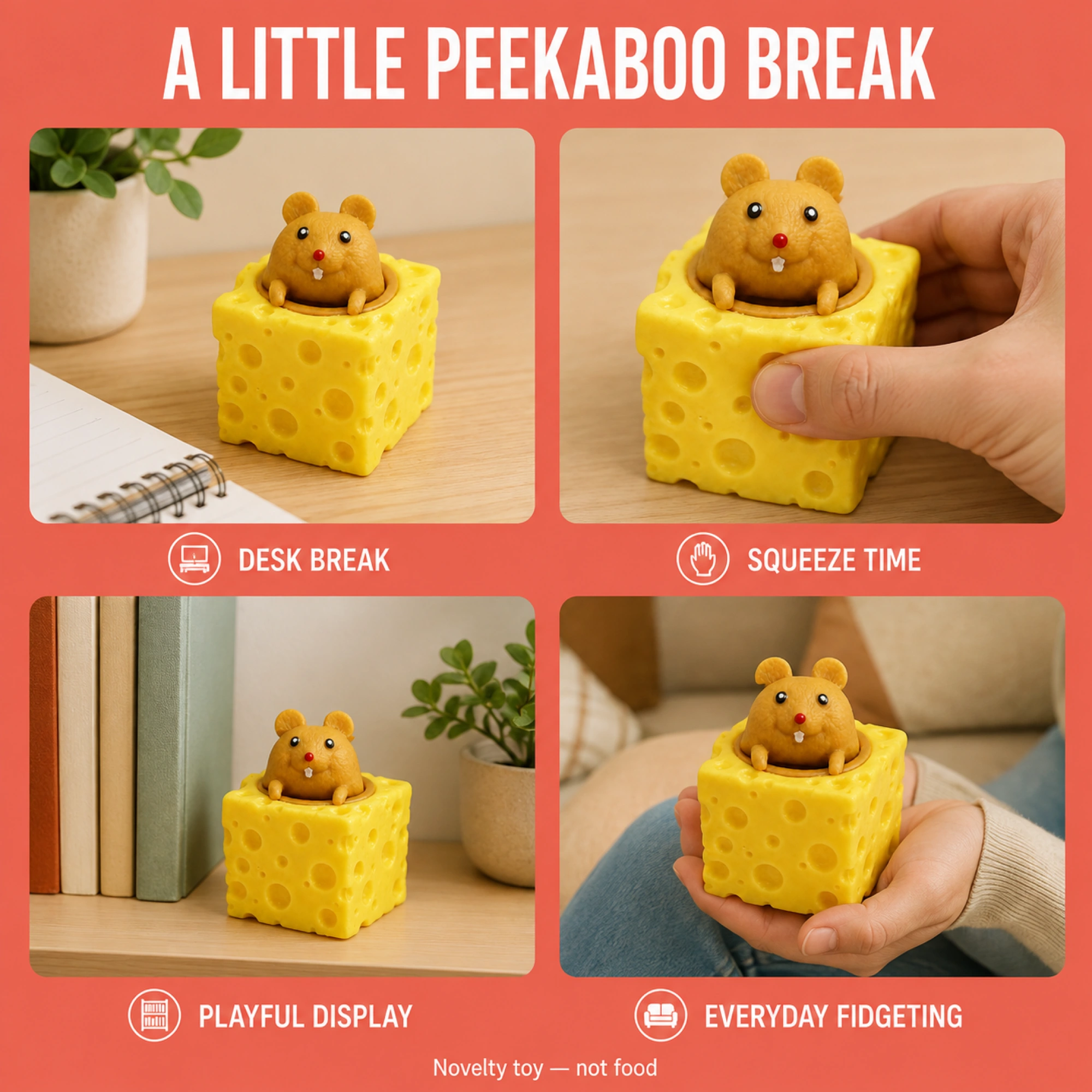 Cheese mouse toy for desk breaks, squeezing and everyday fidgeting