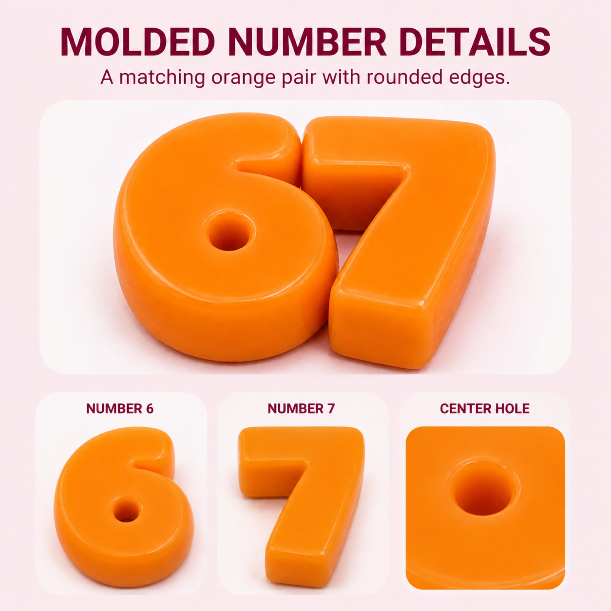 Orange 6 and 7 solid TPR squishy pair - number shape details